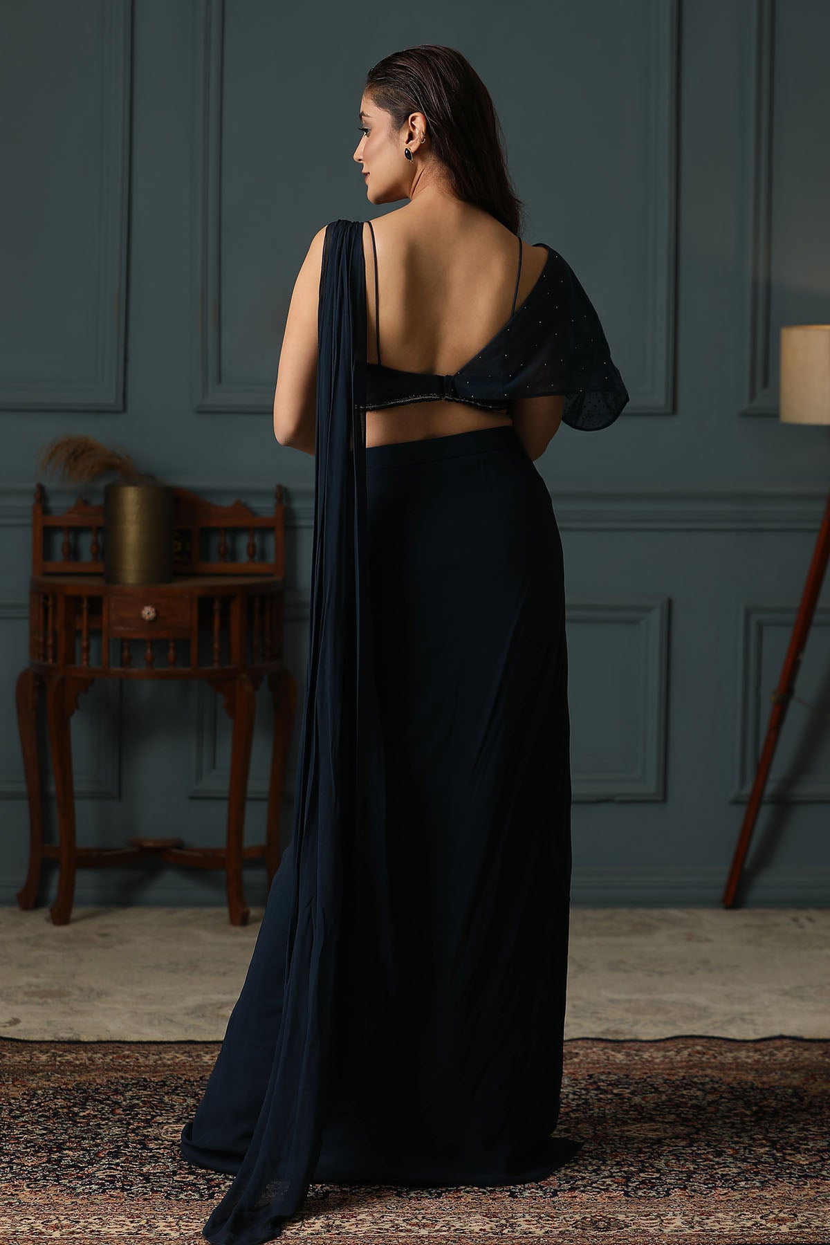 Blue Asymmetric Pre-Draped Saree