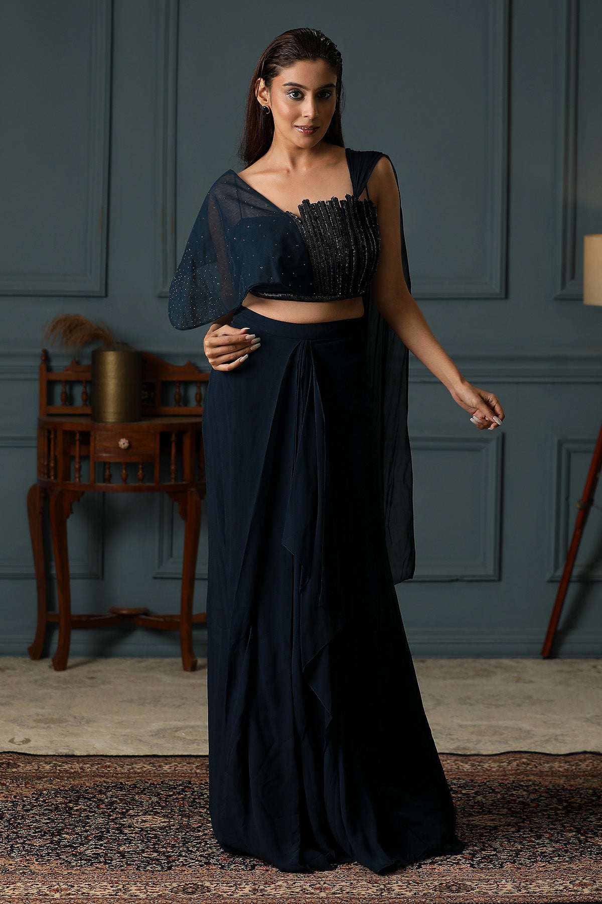 Blue Asymmetric Pre-Draped Saree