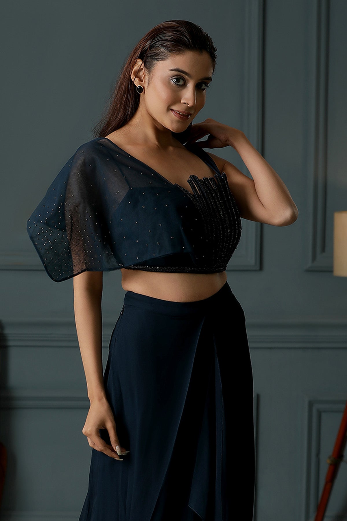 Blue Asymmetric Pre-Draped Saree