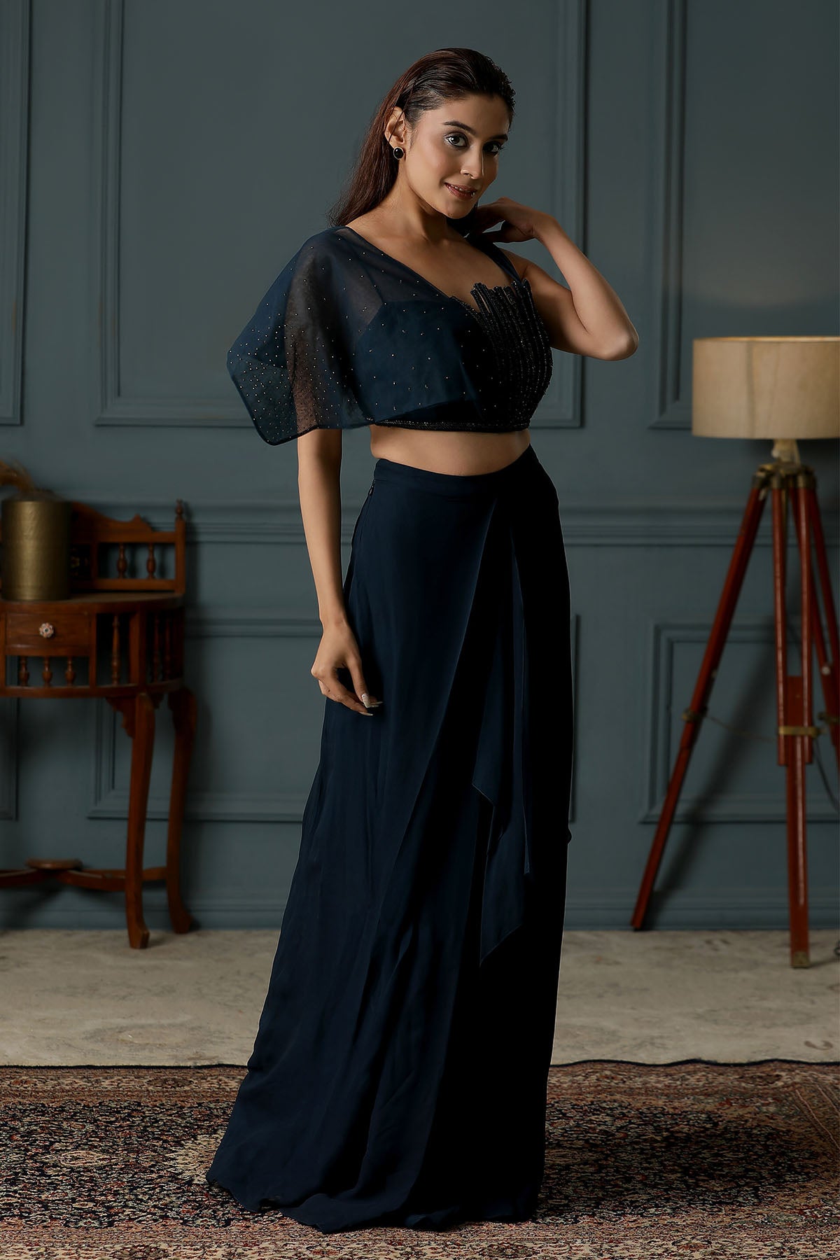 Blue Asymmetric Pre-Draped Saree