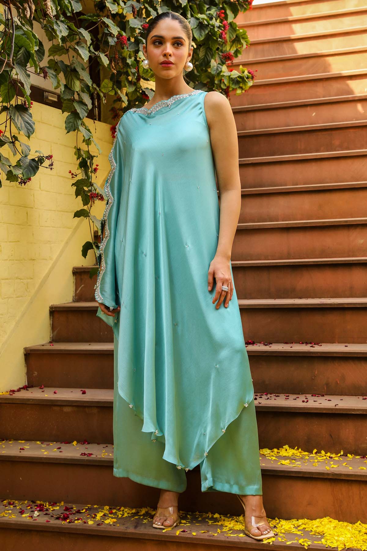 Ajiesh Oberoi Blue Asymmetrical Cape & Palazzo for Women online at ScrollnShops