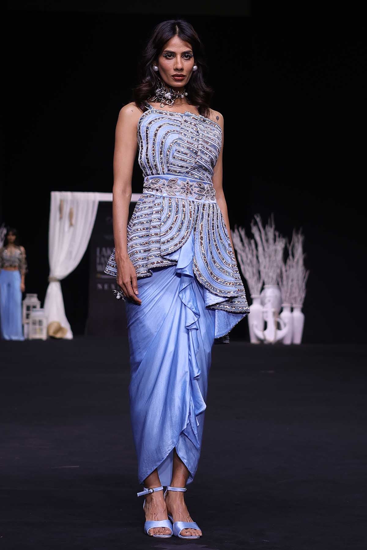 Blue Asymmetrical Top & Dhoti