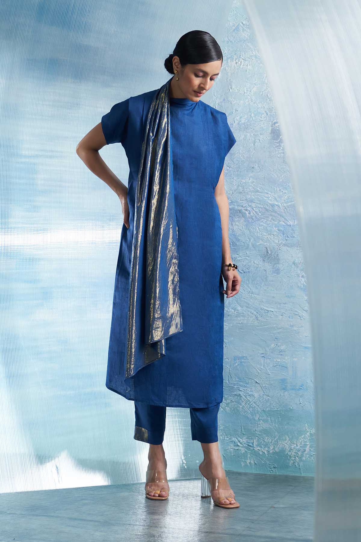 Buy Blue Attached Scarf Kura Set by Charkhee for women online at ScrollnShops