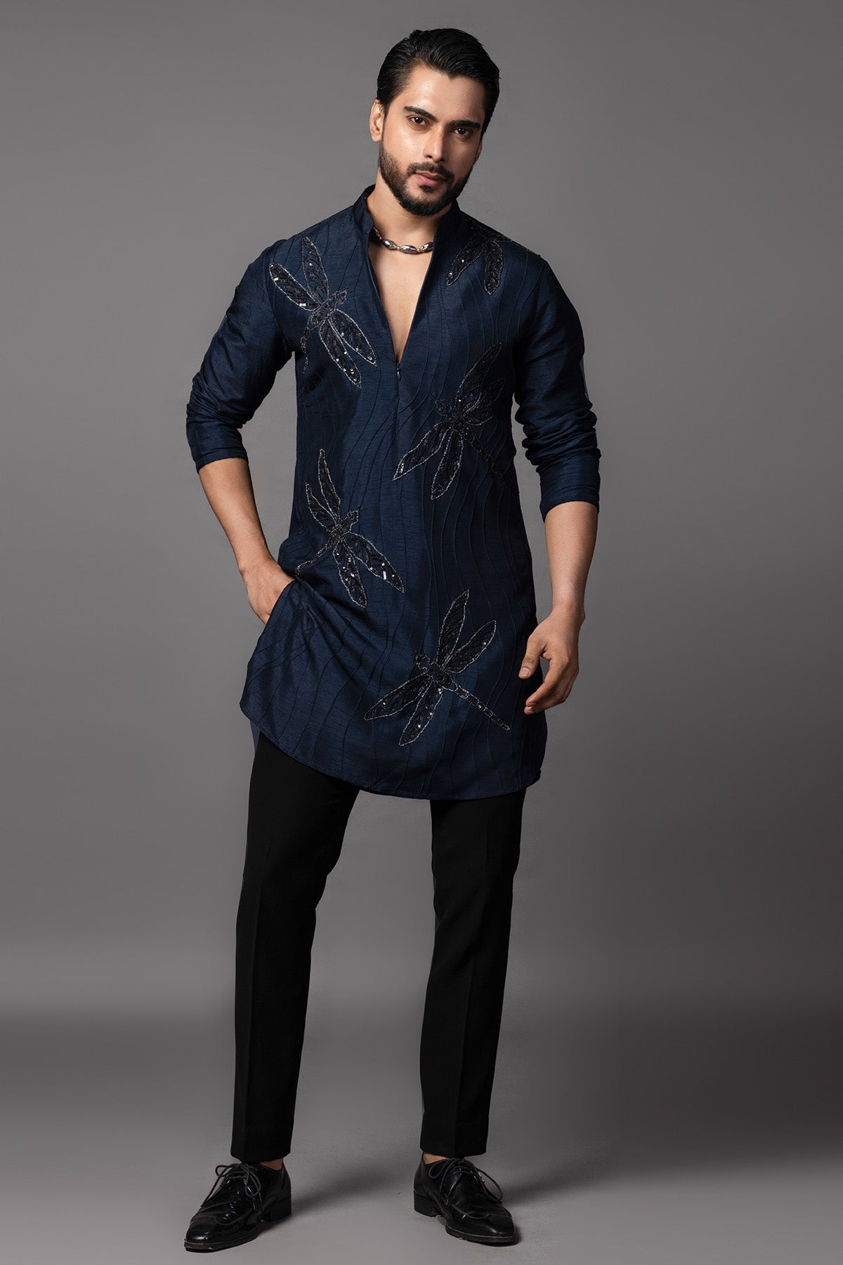 Blue Bam Silk Pintuck Kurta Set