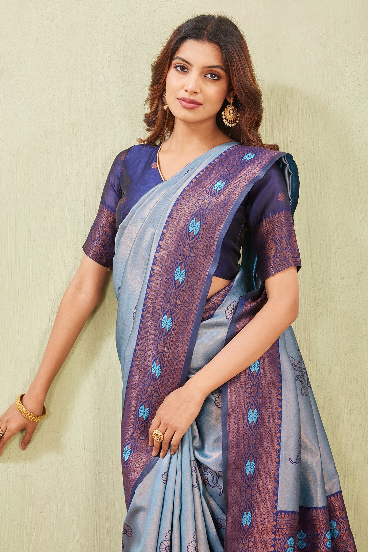 Blue Banarasi Silk Floral Saree