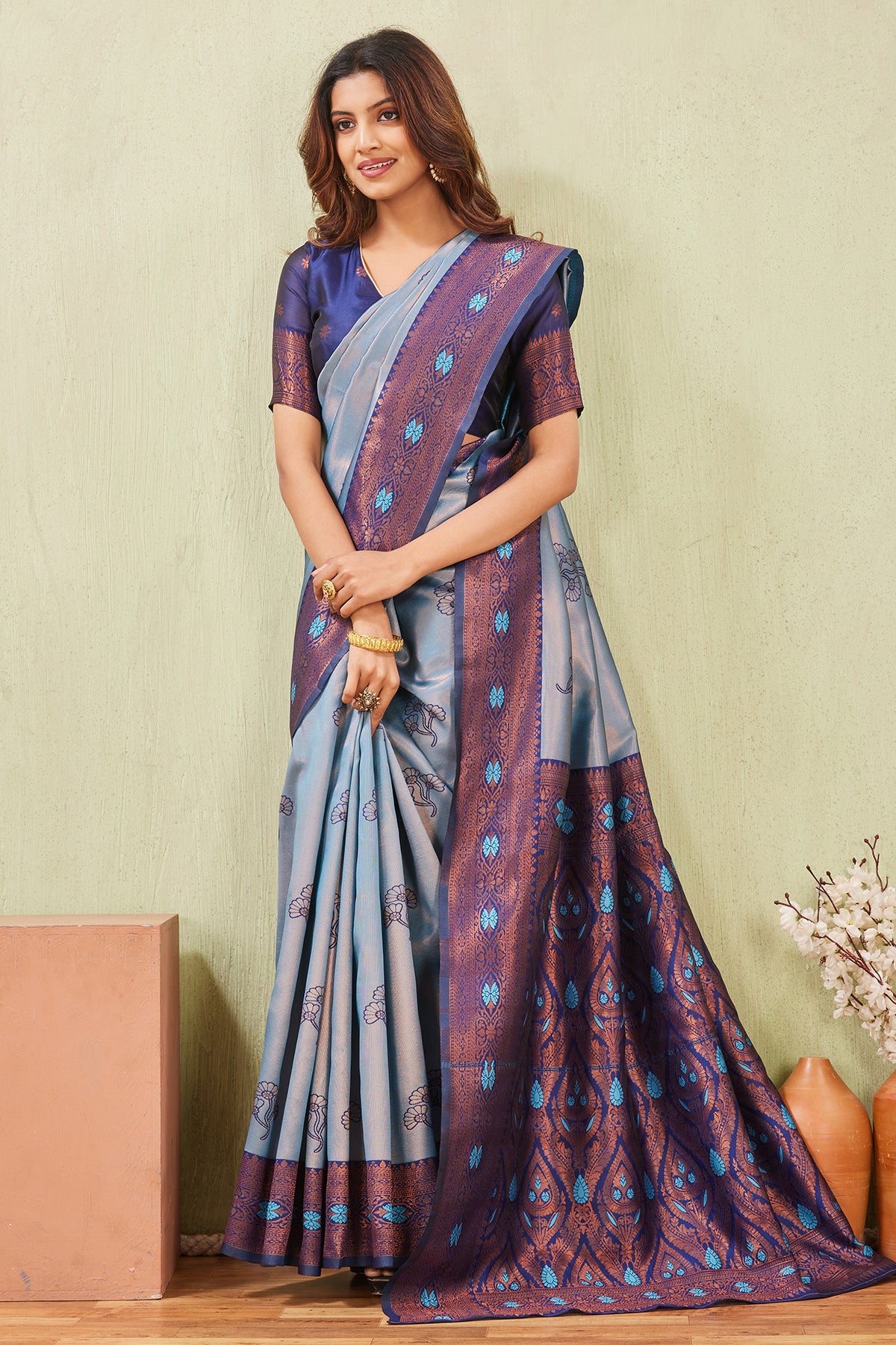 Blue Banarasi Silk Floral Saree