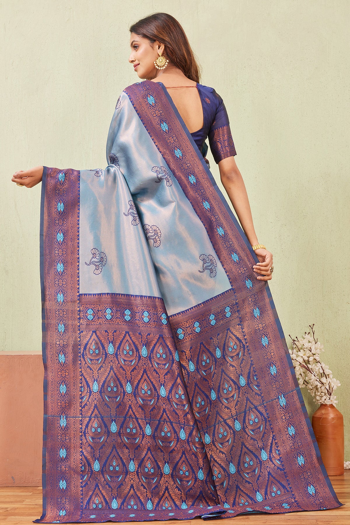 Blue Banarasi Silk Floral Saree