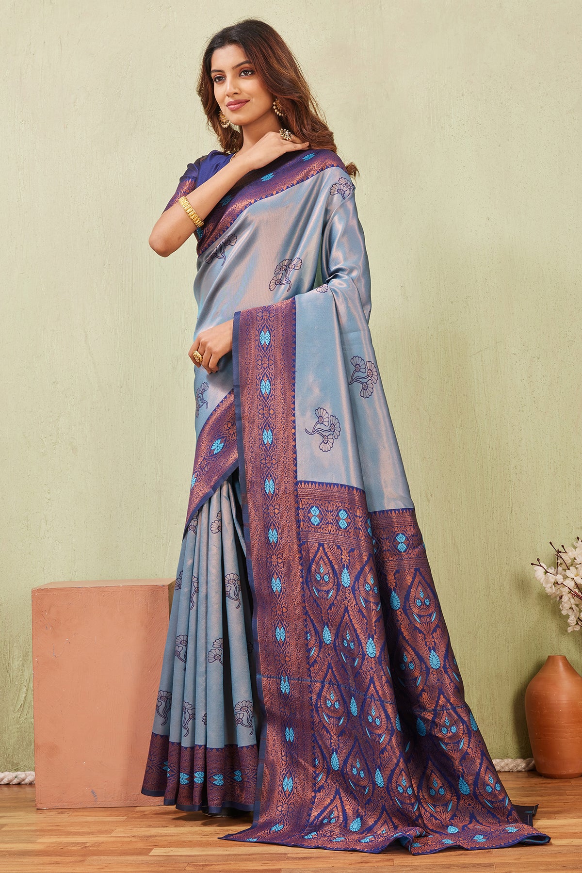 Blue Banarasi Silk Floral Saree