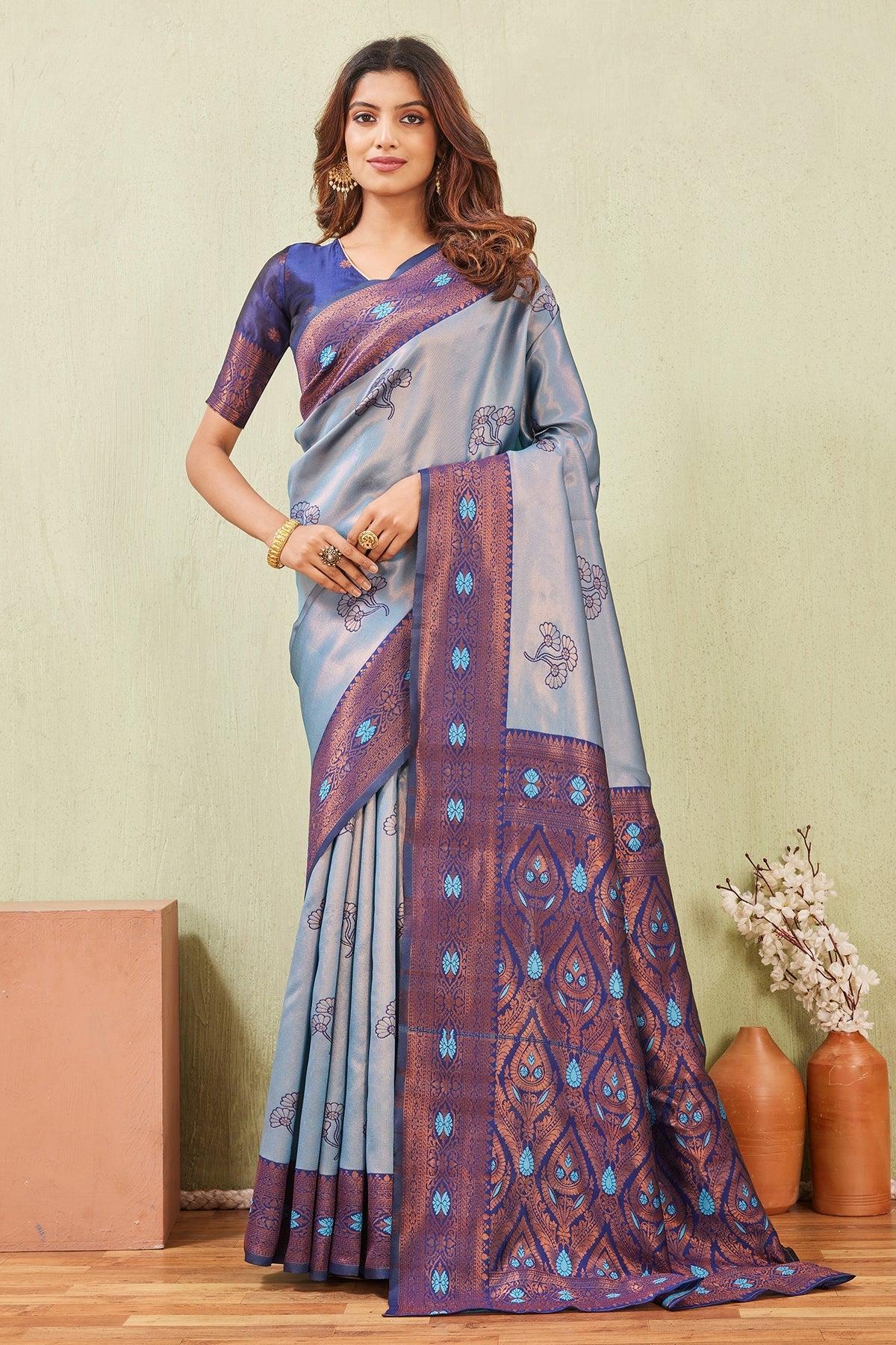 Buy Blue Banarasi Silk Floral Saree for women by Aastha Fashion online available at scrollnshops