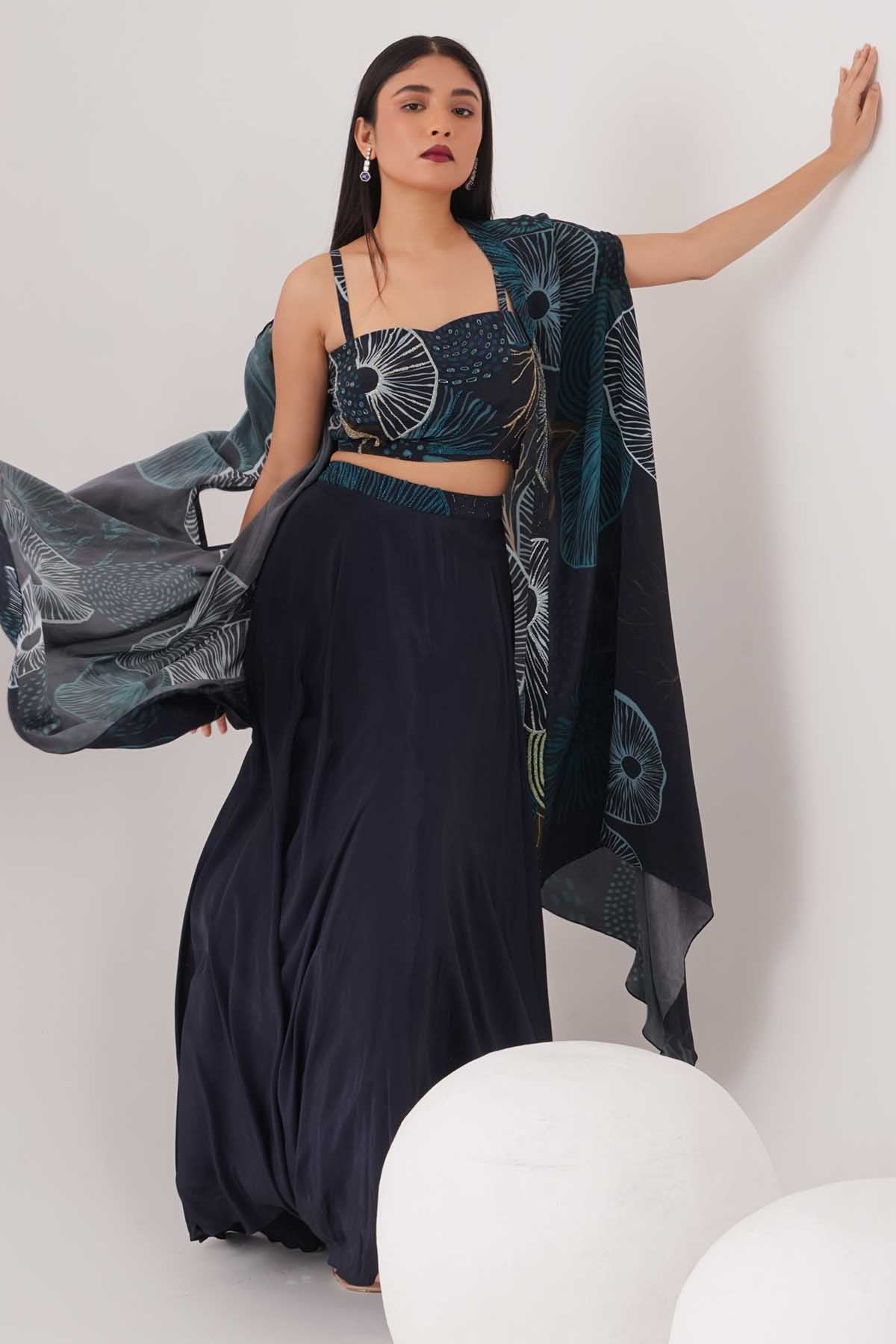 Blue Bead Embellished Cape Set