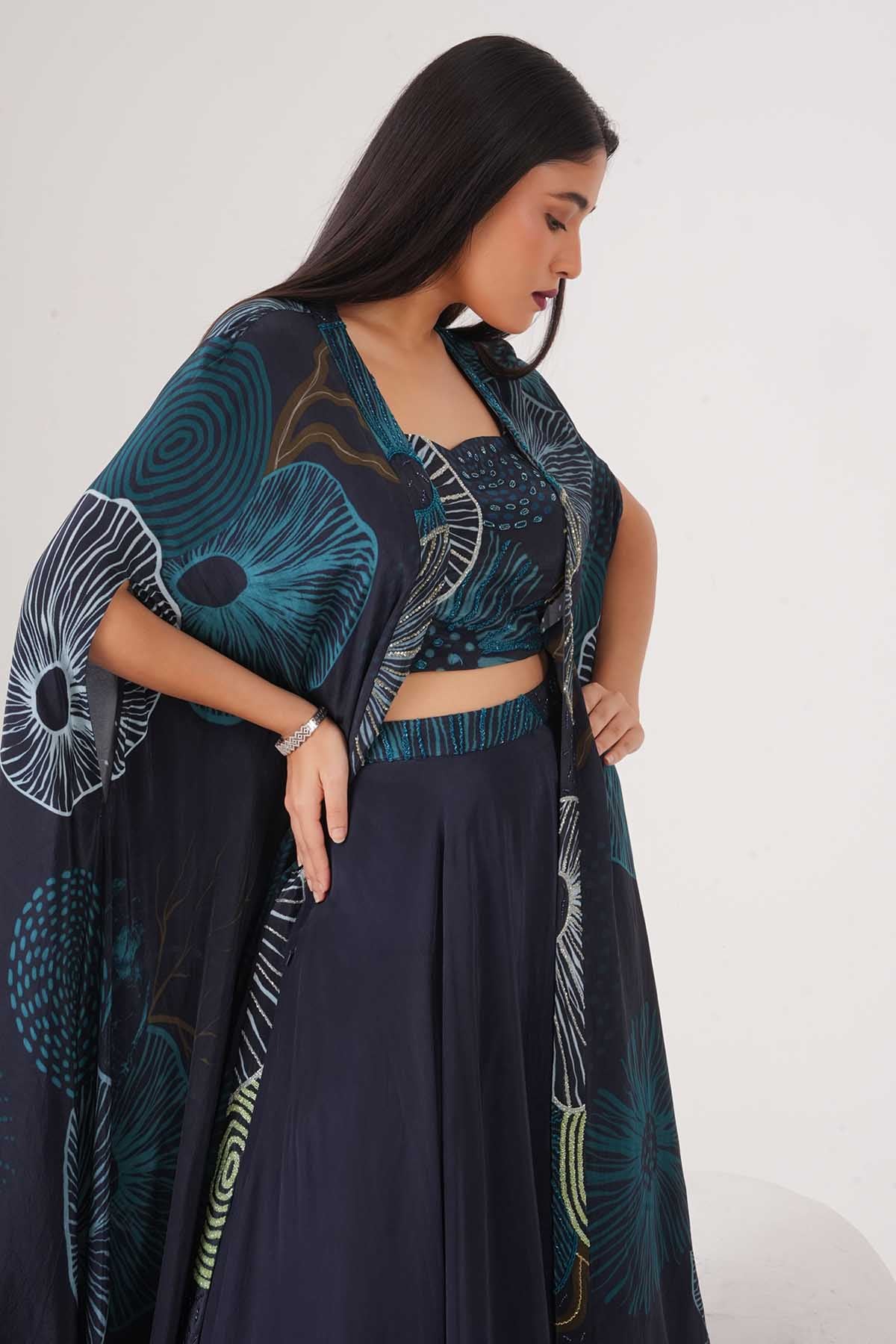Blue Bead Embellished Cape Set