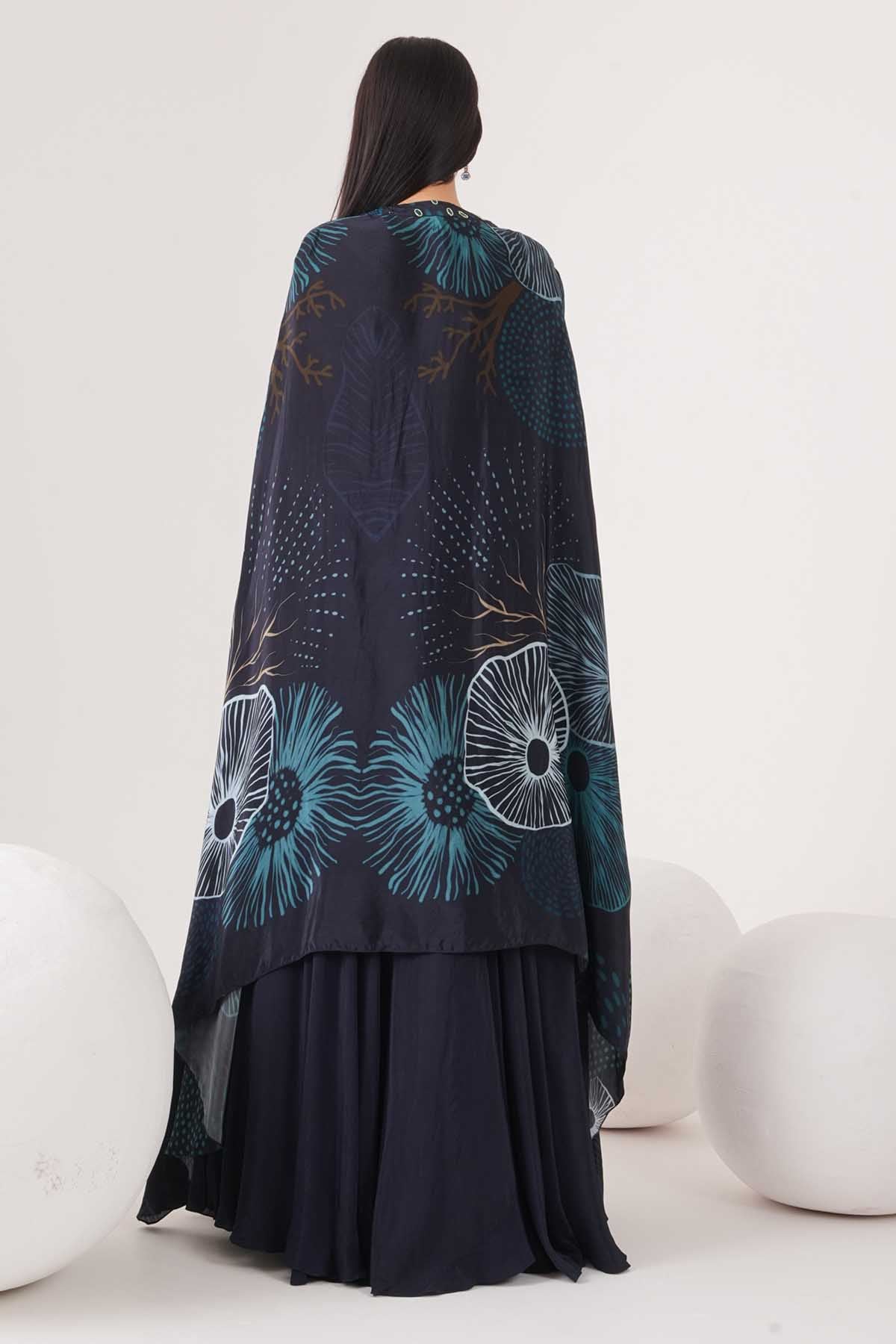 Blue Bead Embellished Cape Set