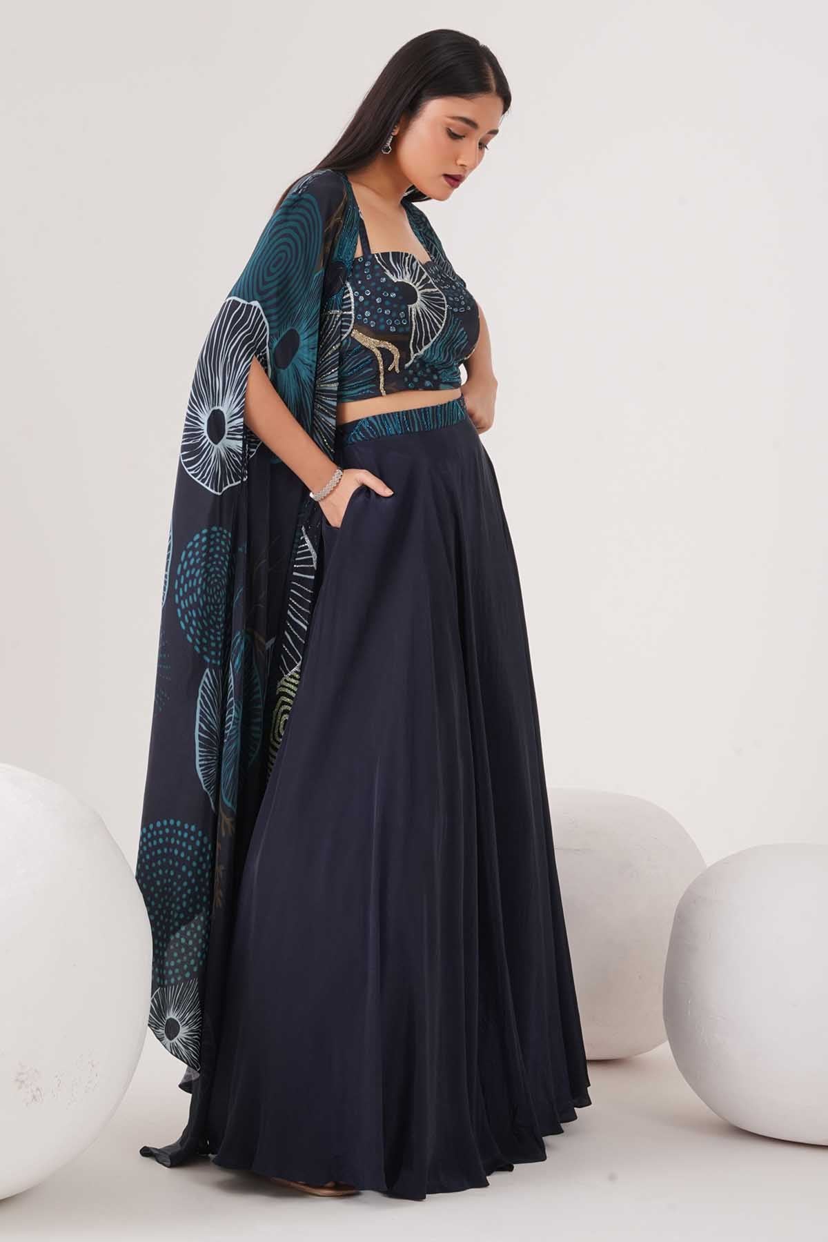 Blue Bead Embellished Cape Set