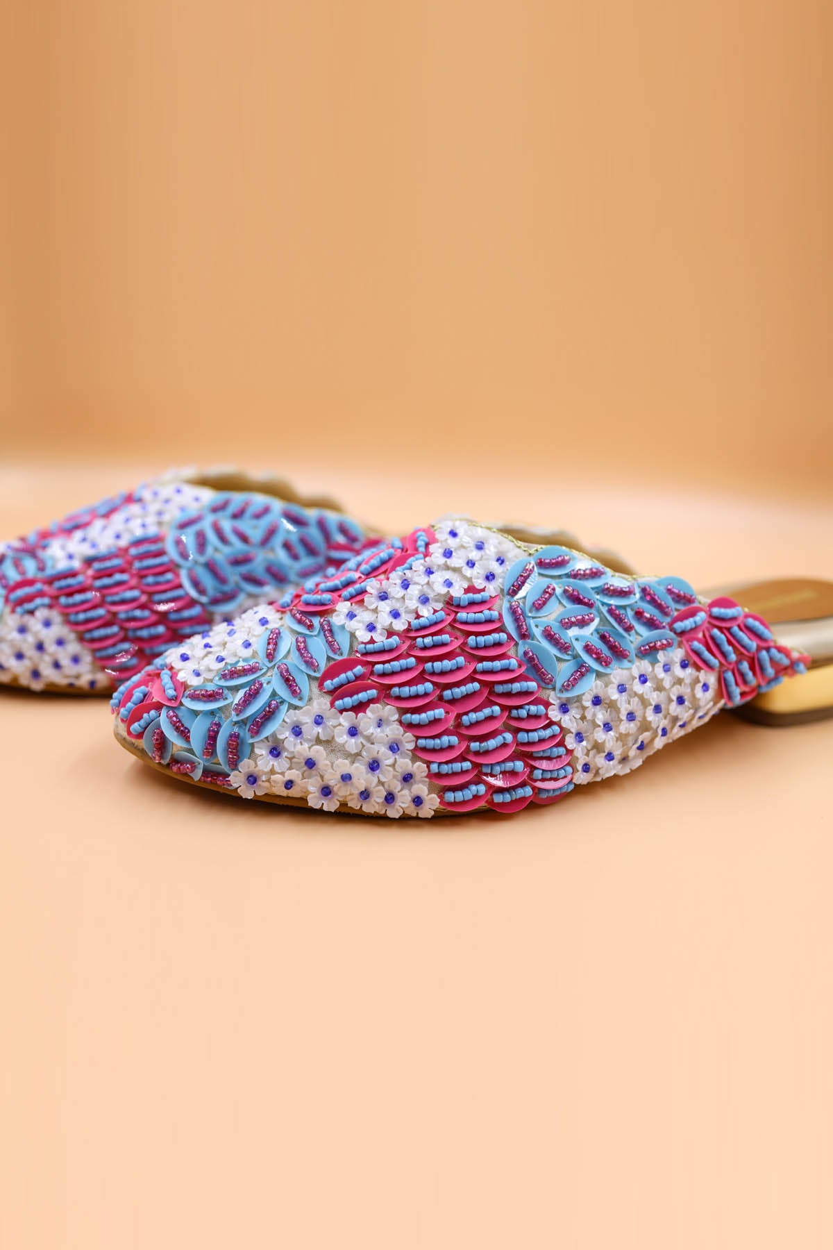 Blue Bead Embroidered Mules