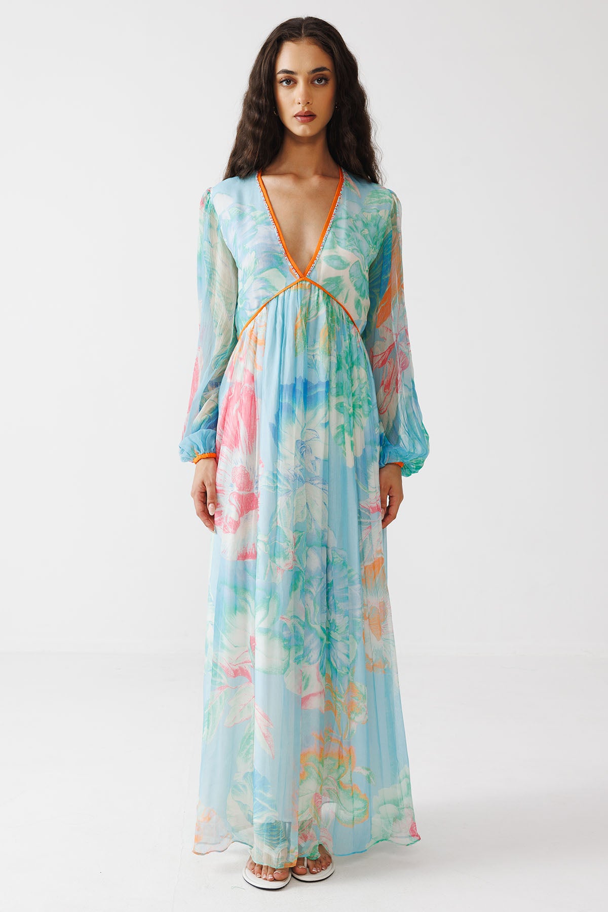 Blue Bead & Sequins Maxi Dress