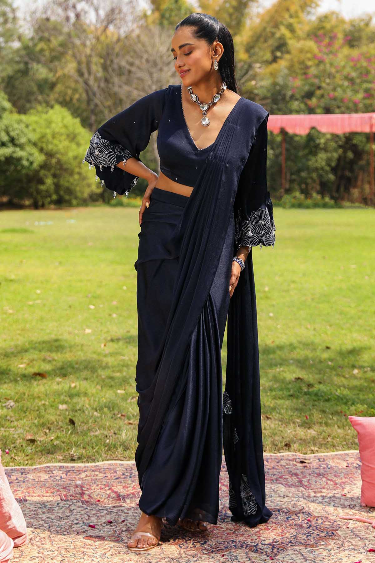 Buy Blue Bell Sleeves Blouse & Saree Online