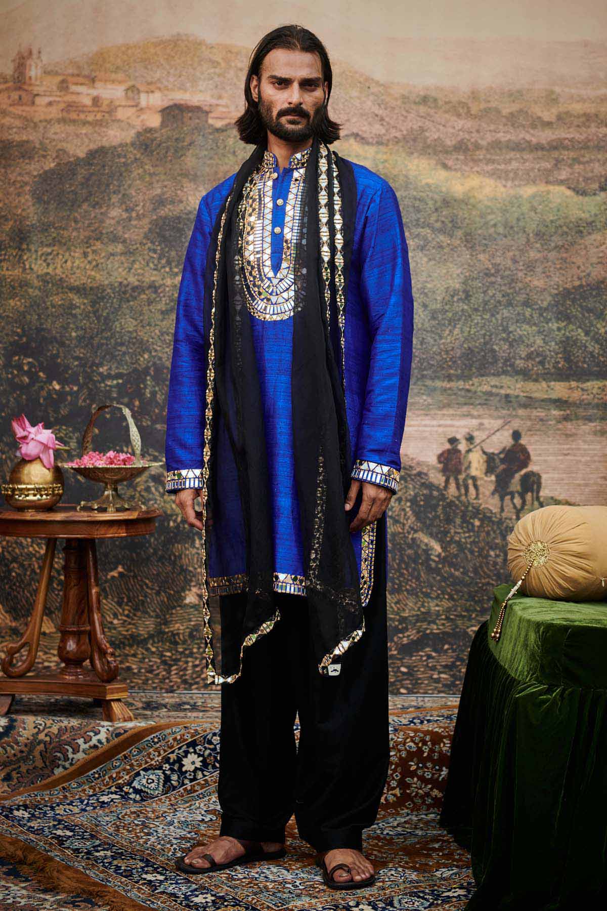 ITRH Blue & Black Kurta Set & Stole for men online at ScrollnShops