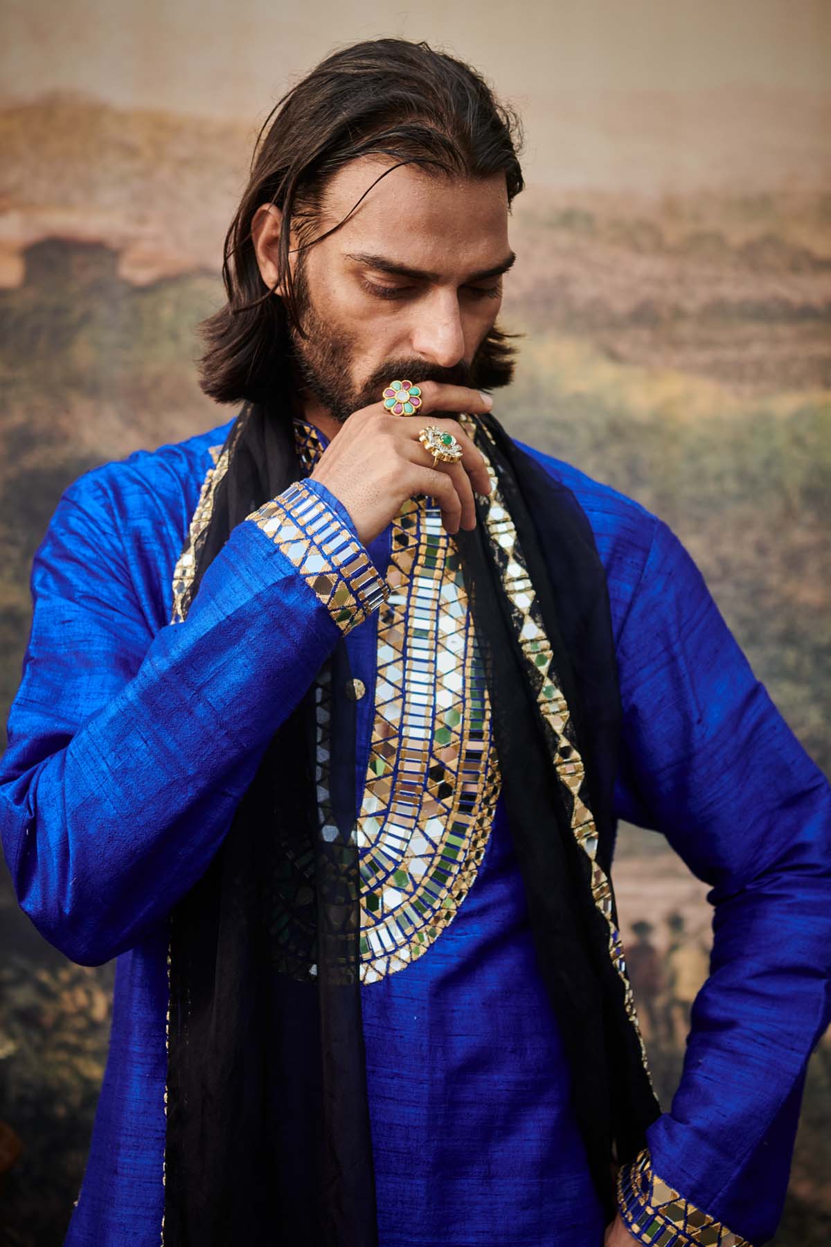 Blue & Black Kurta Set & Stole