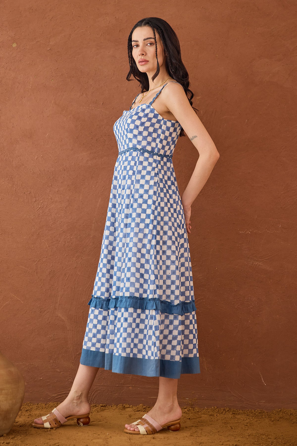 Blue Block Printed Checks Dress