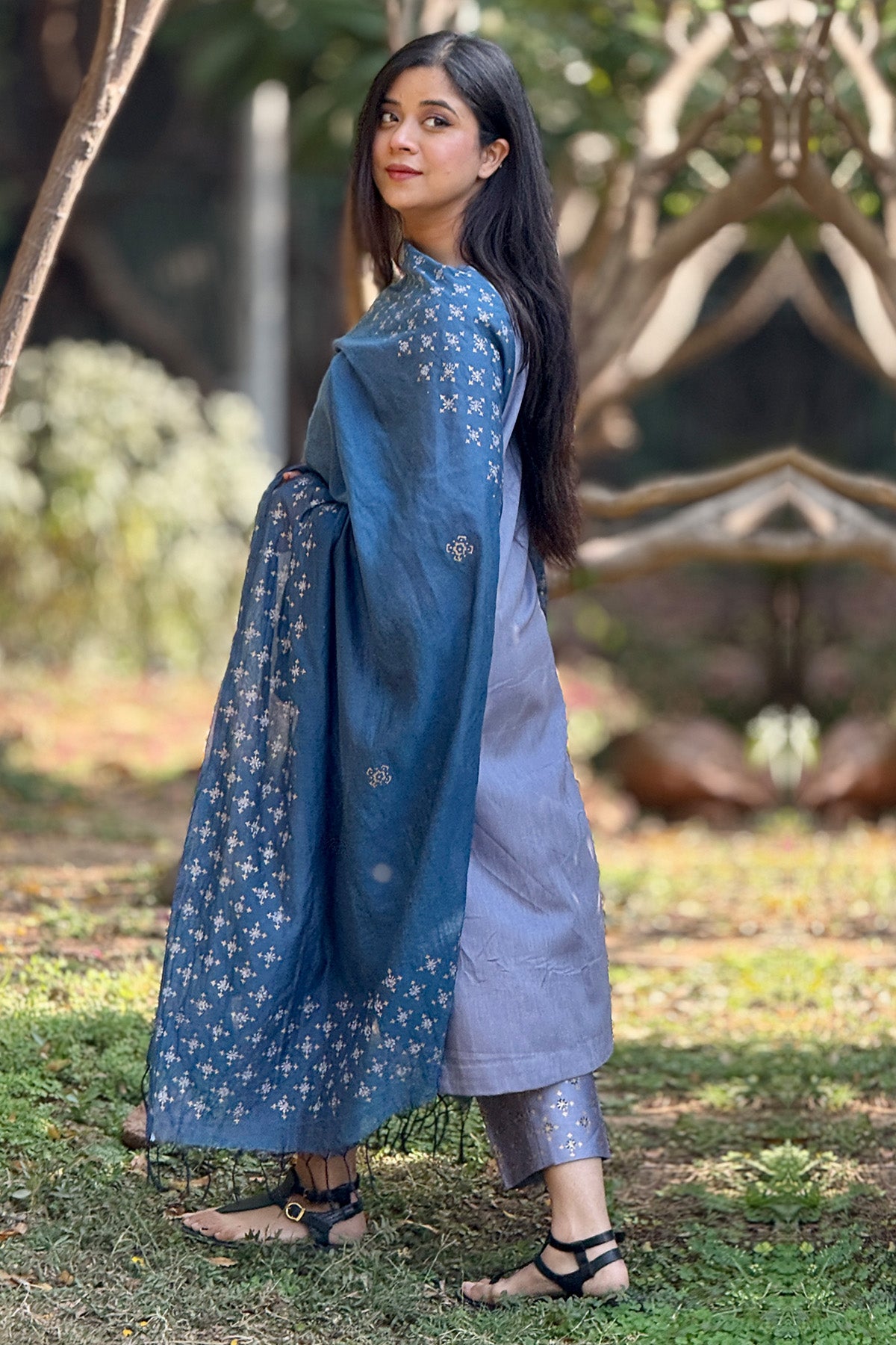 Blue Block Printed Kurta Set