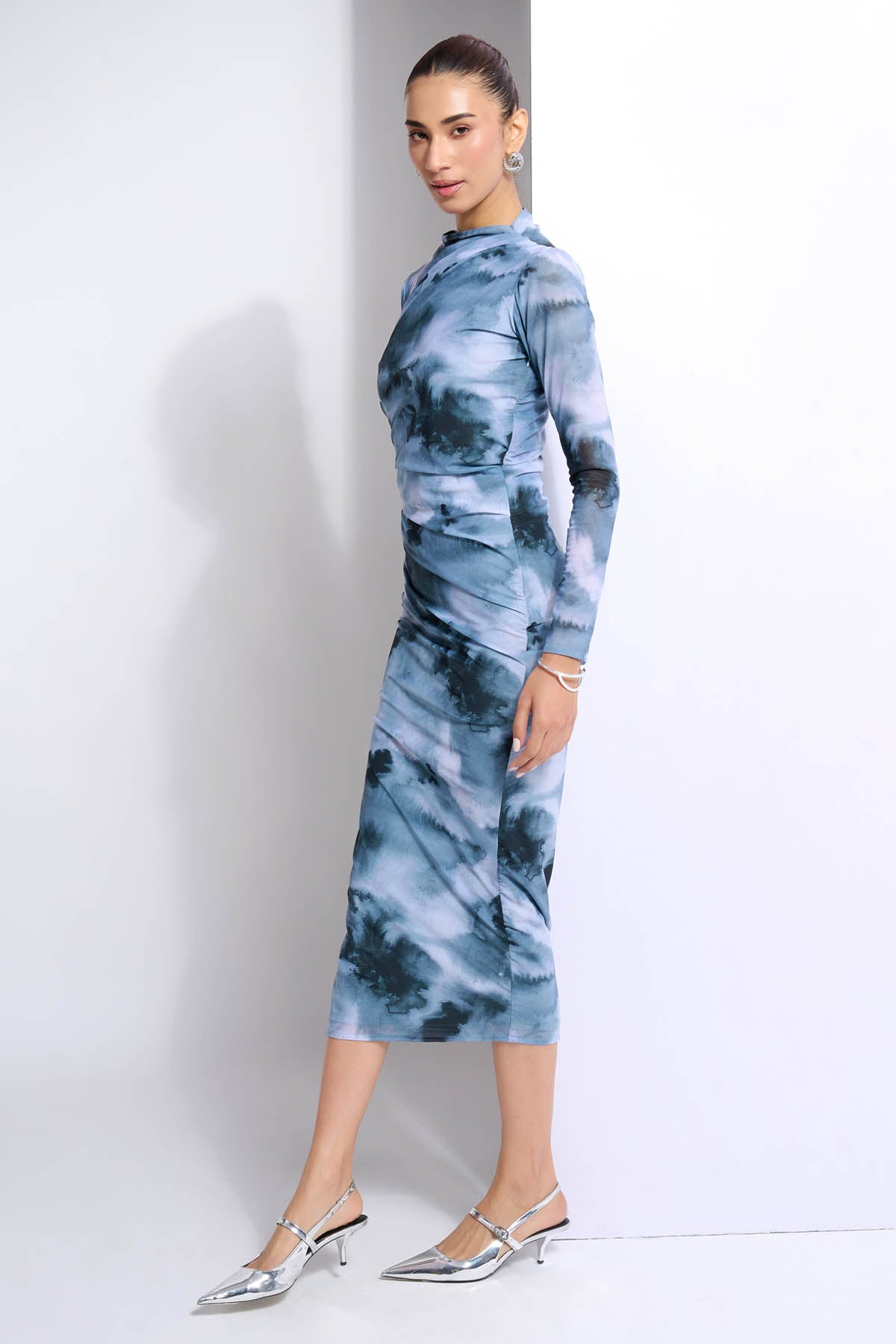 Blue Bodycon Print Midi Dress