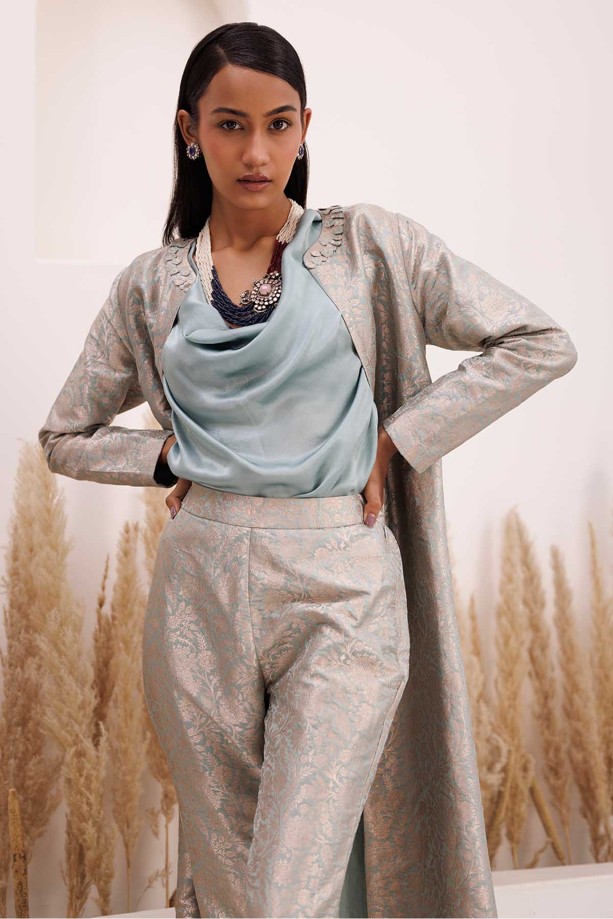Blue Brocade Long Jacket Set