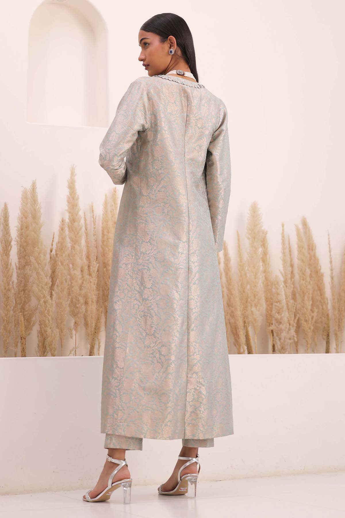 Blue Brocade Long Jacket Set
