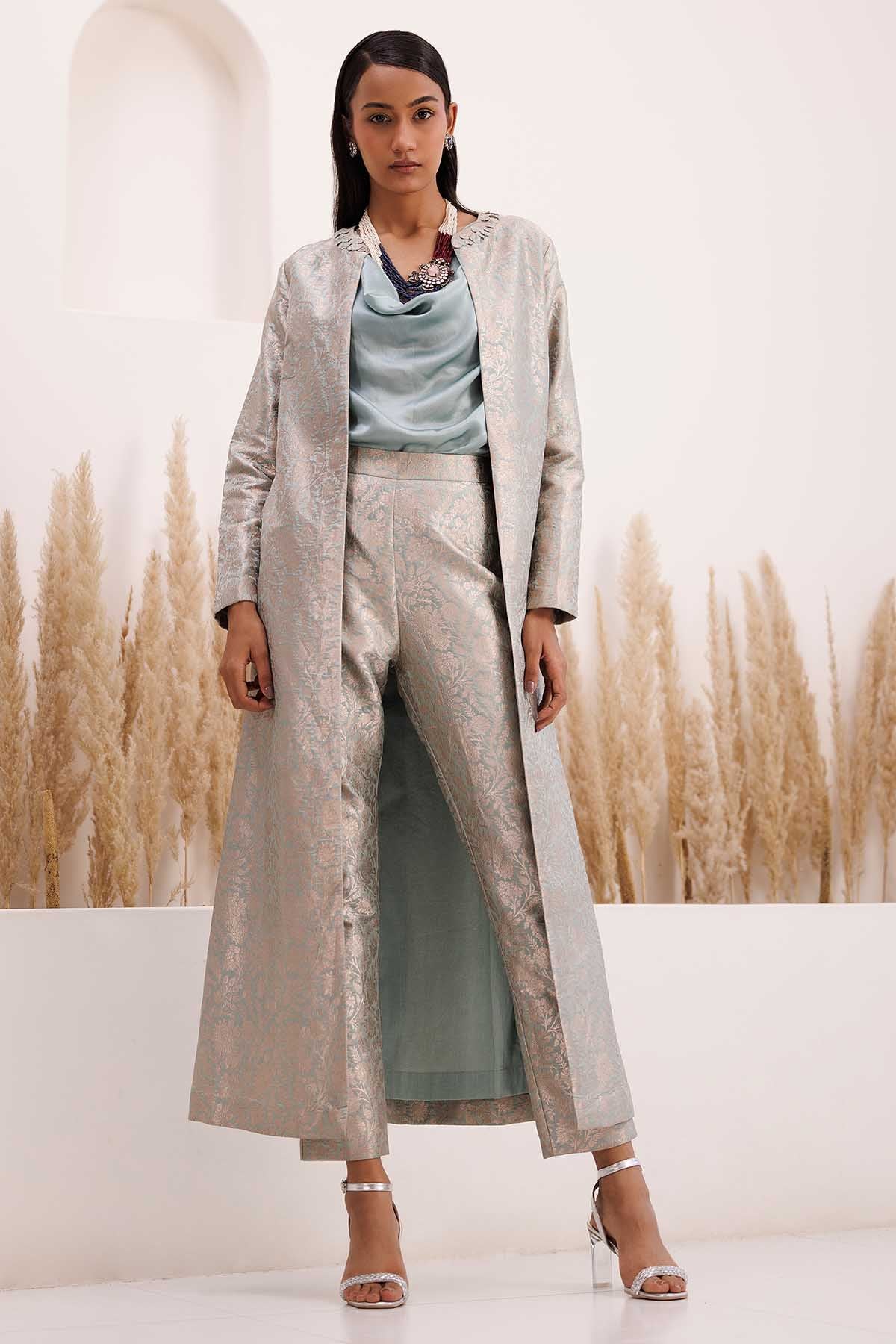 Blue Brocade Long Jacket Set