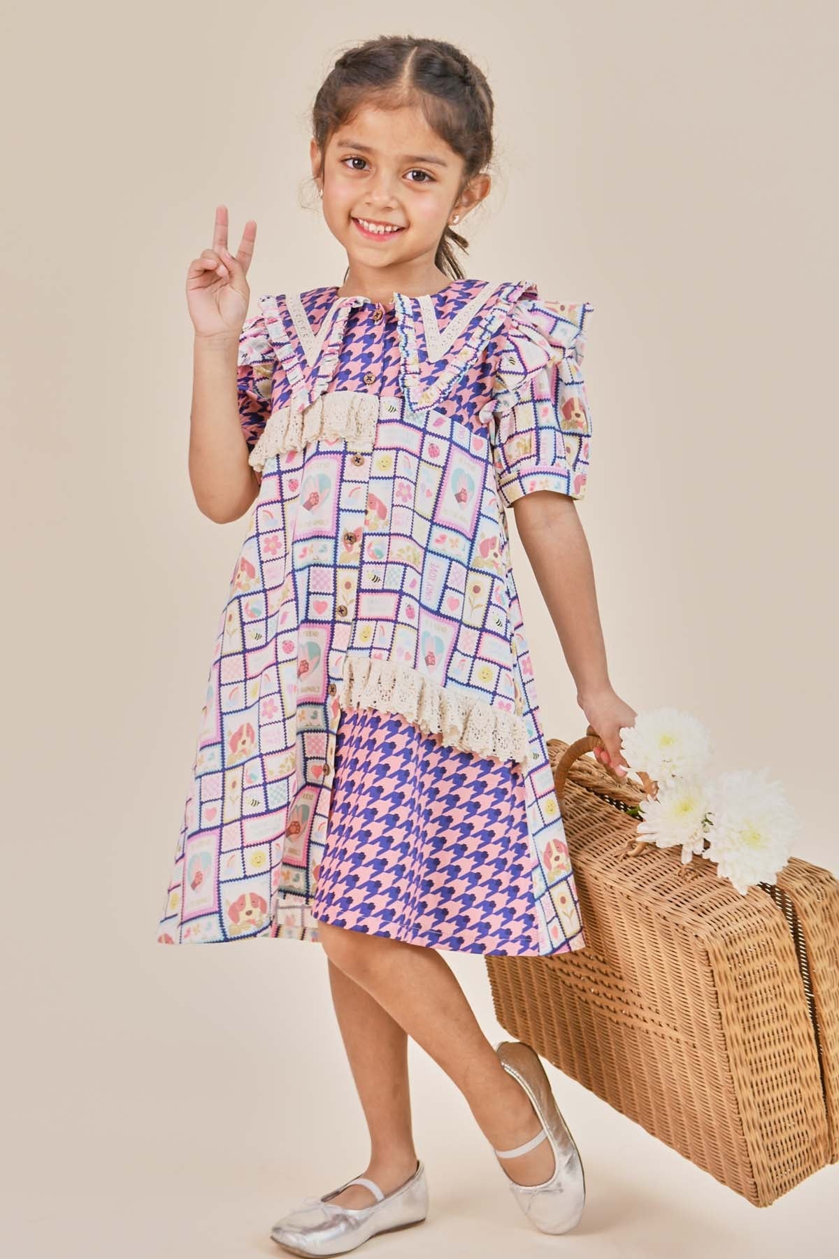 Little Shiro Blue & Brown Print Collar Dress for kids online at ScrollnShops