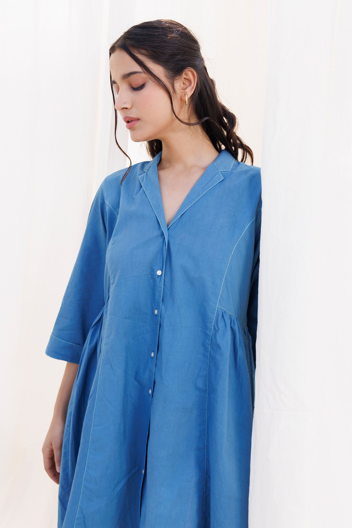 Blue Cambric Cotton Collar Top