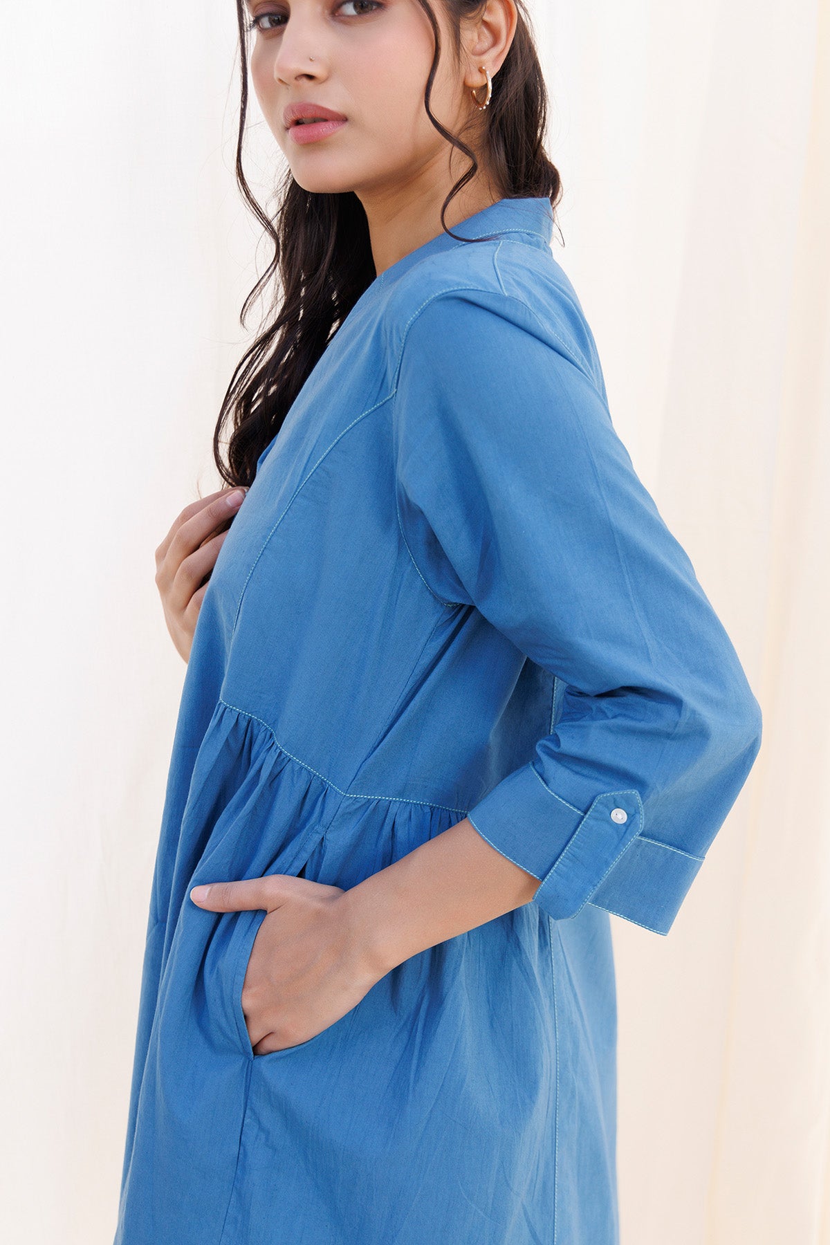 Blue Cambric Cotton Collar Top