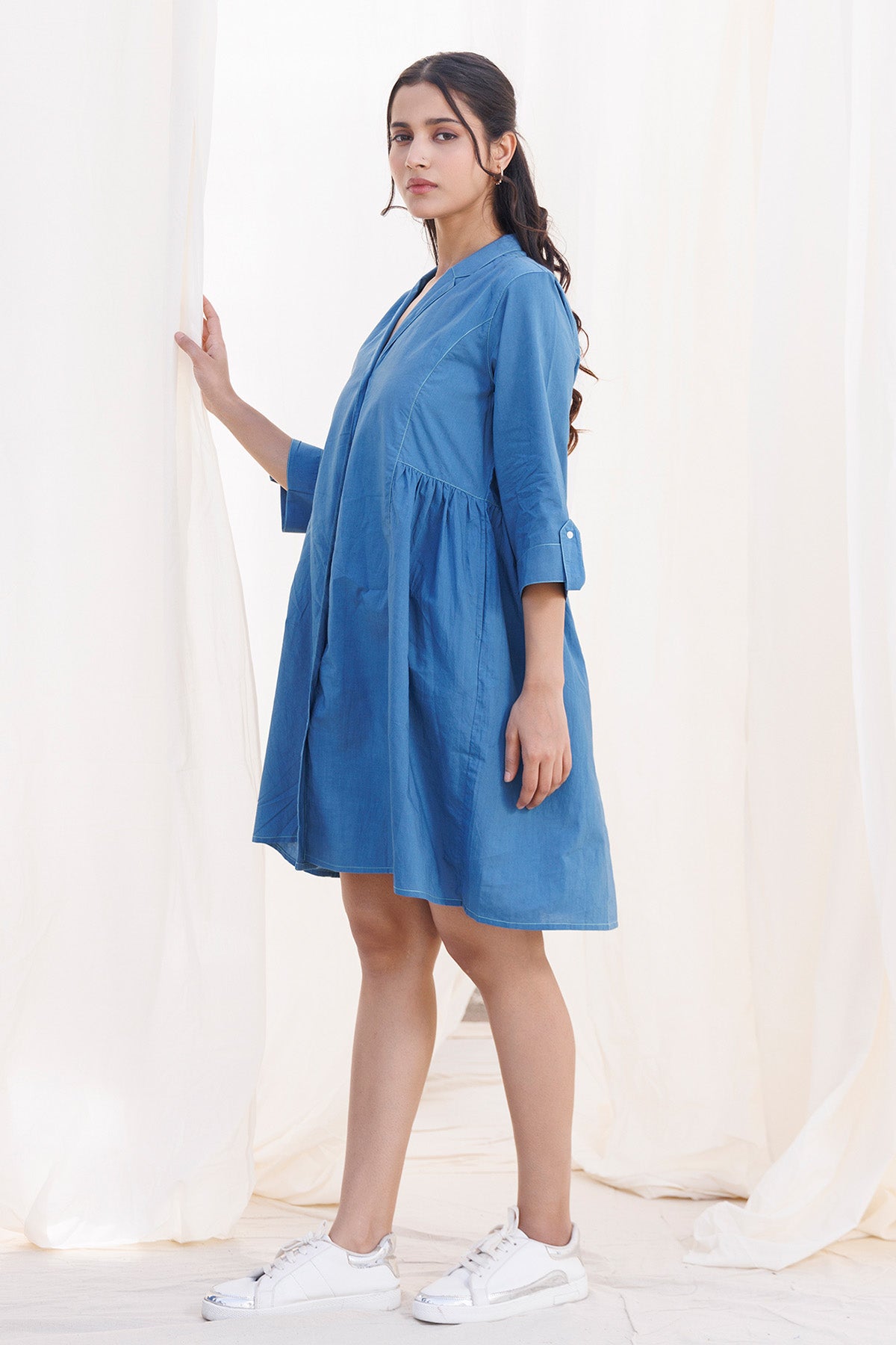 Blue Cambric Cotton Collar Top