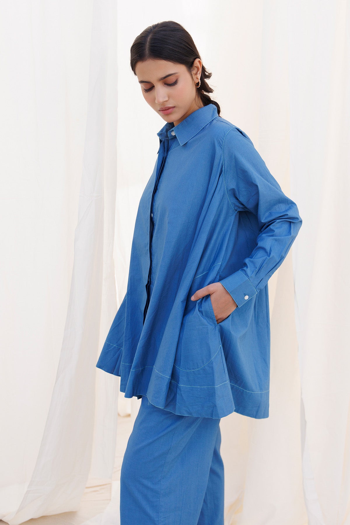 Blue Cambric Cotton Flared Top