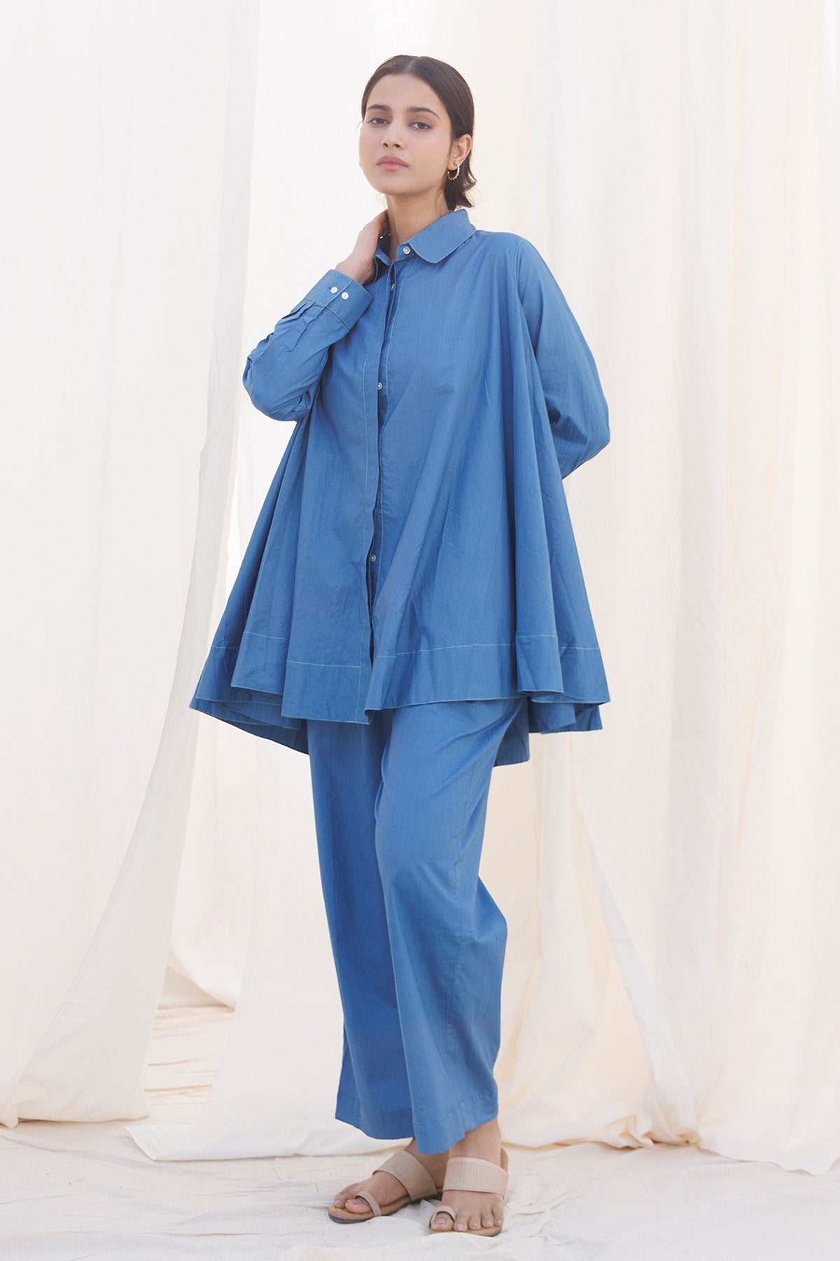 Blue Cambric Cotton Flared Top