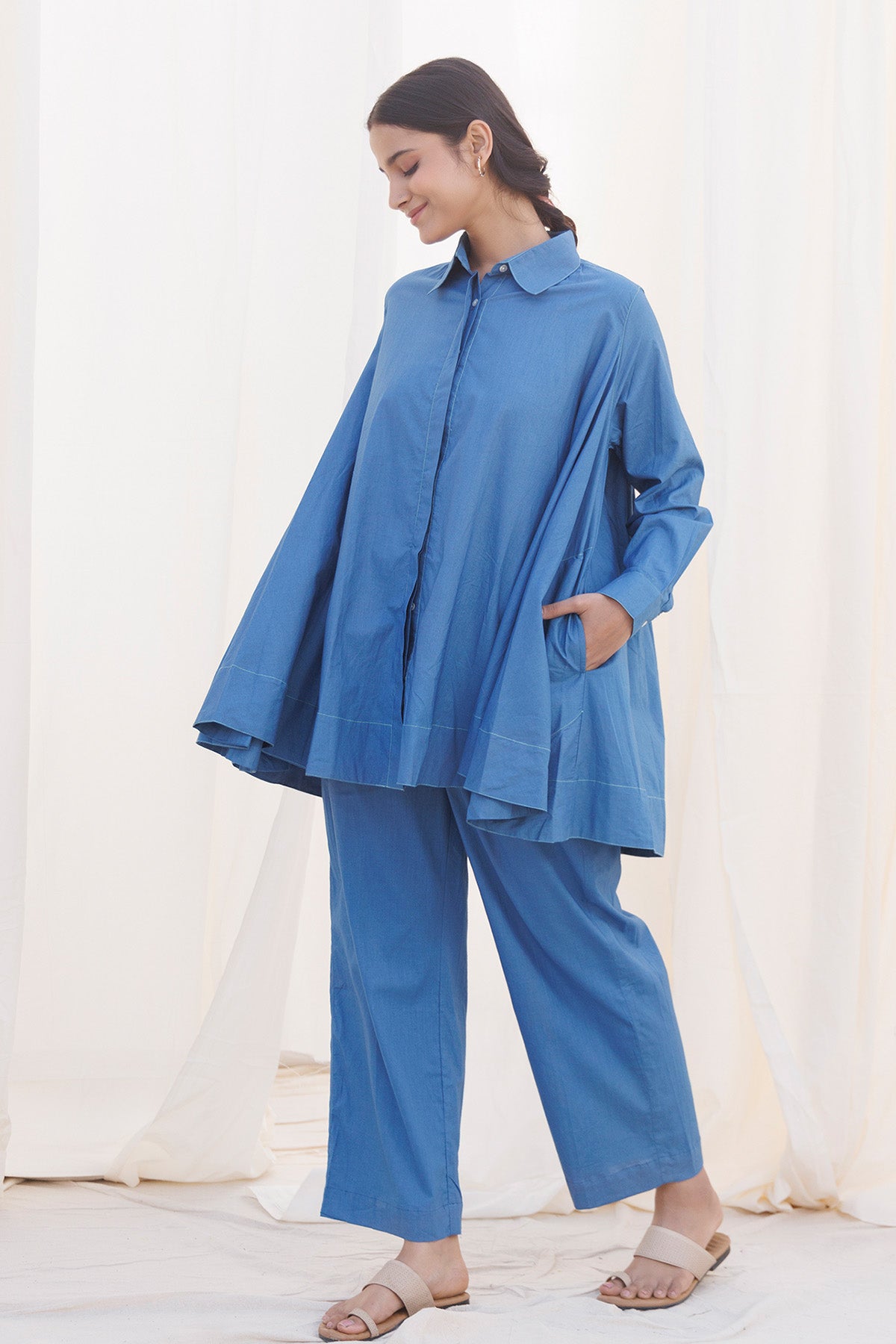 Blue Cambric Cotton Flared Top