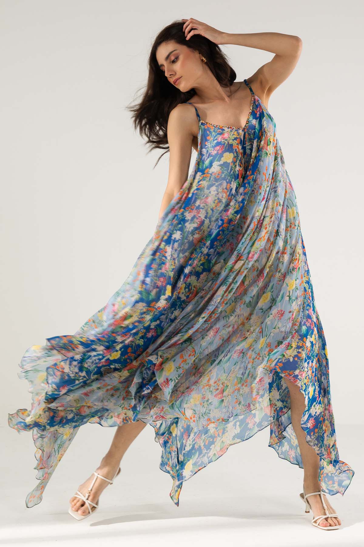 Reena Sharma Blue Cami Asymmetric Long Dress For Women Online at ScrollnShops