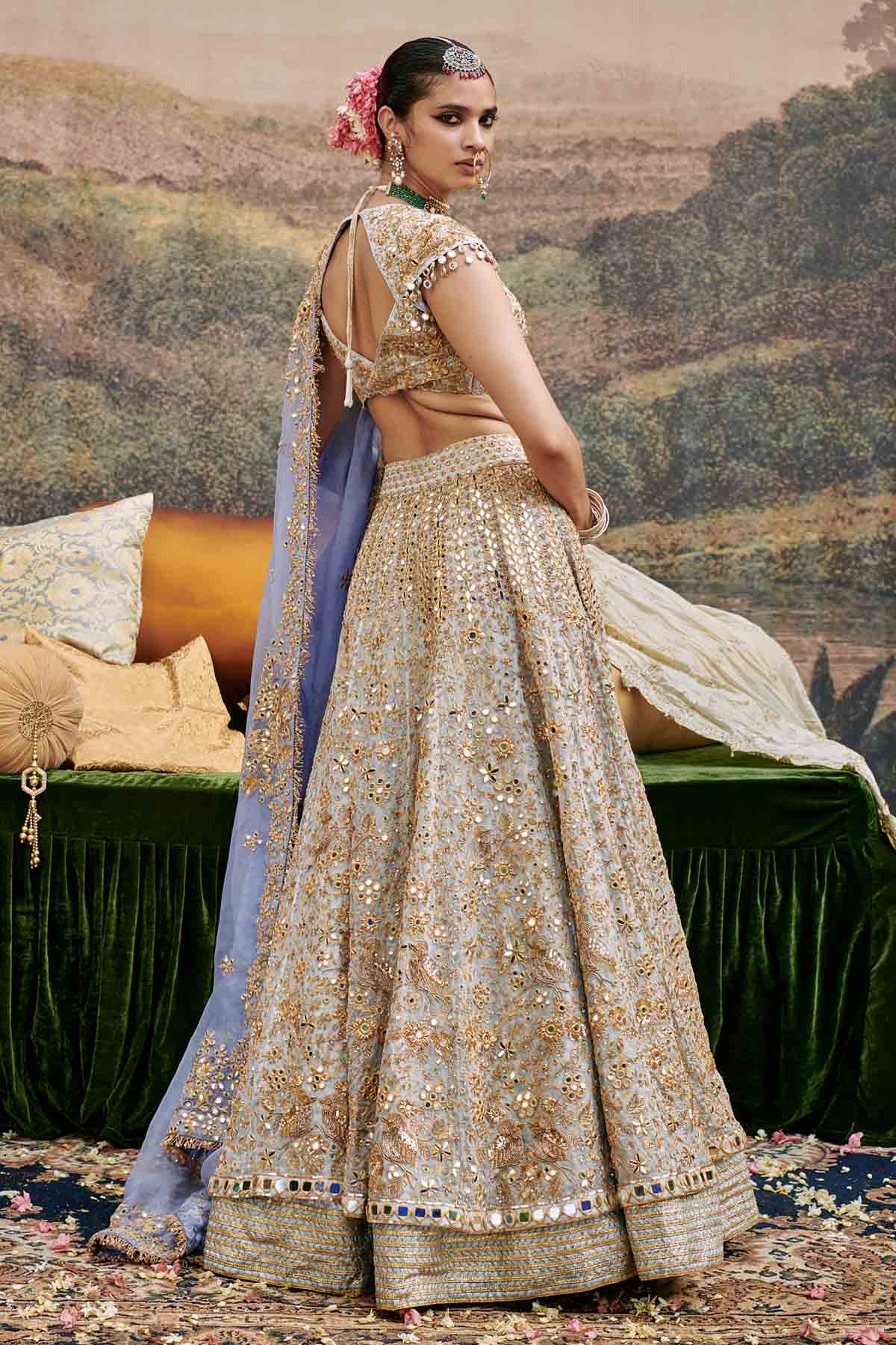 Blue Cape Sleeves Lehenga Set