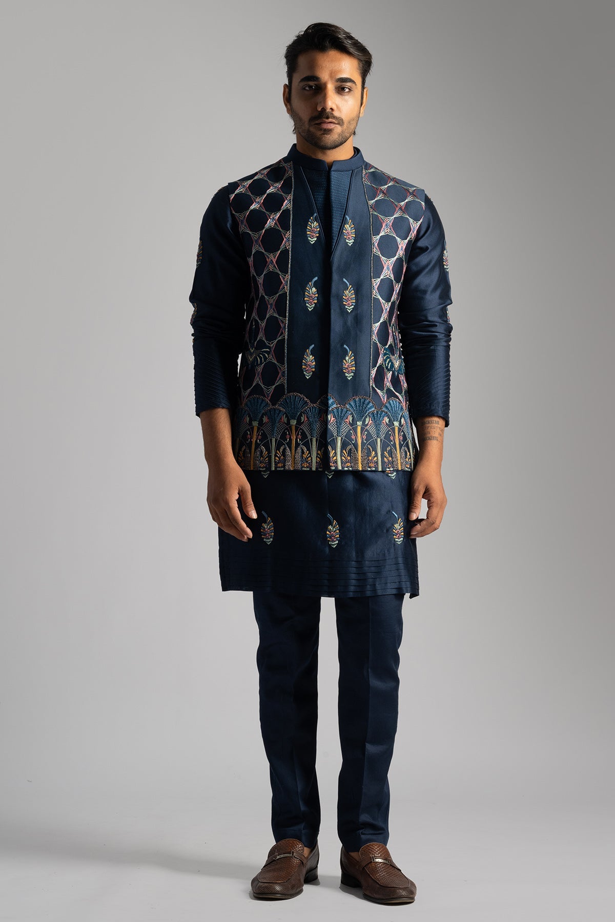 Buy Blue Chanderi Bundi Kurta Set for men by Paarsh Atelier online available at scrollnshops