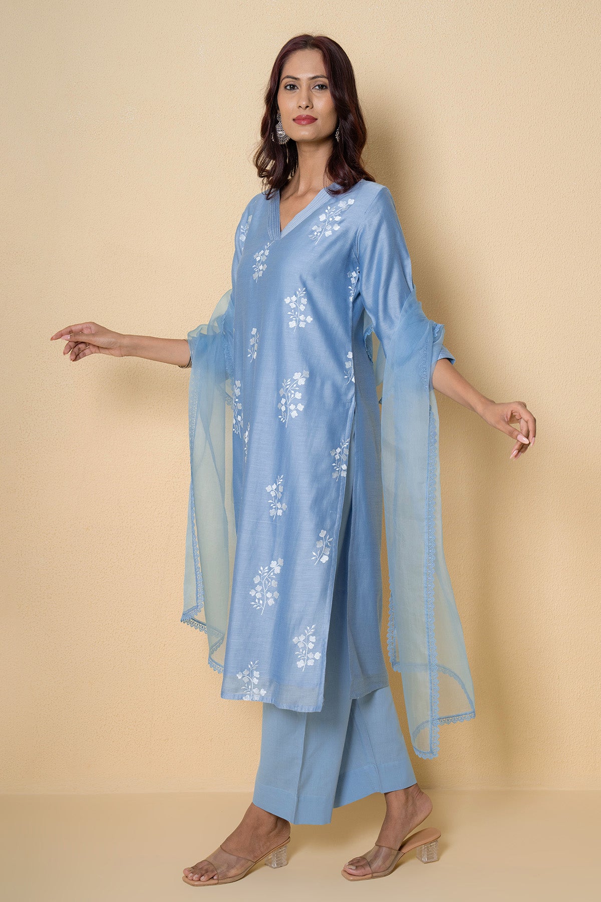 Blue Chanderi Floral Kurta Set
