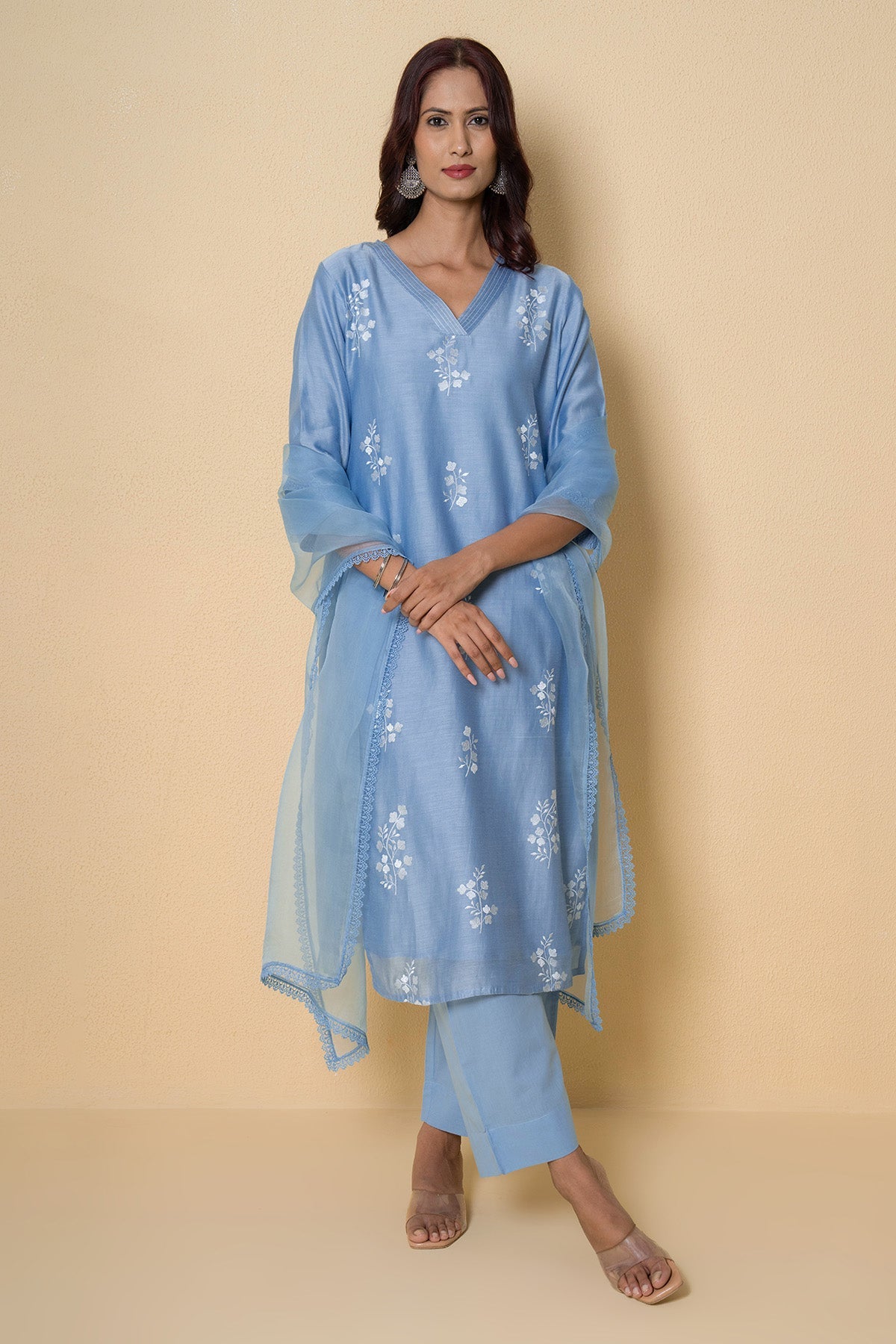 Buy Blue Chanderi Floral Kurta Set for Women Online at ScrollnShops
