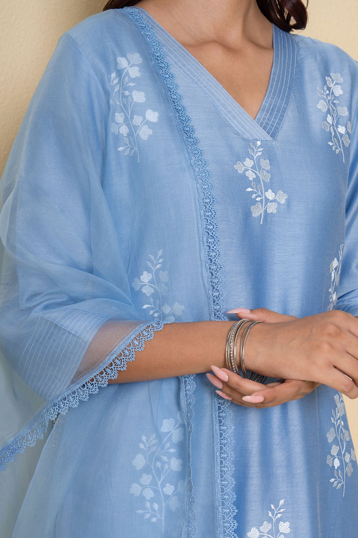 Blue Chanderi Floral Kurta Set
