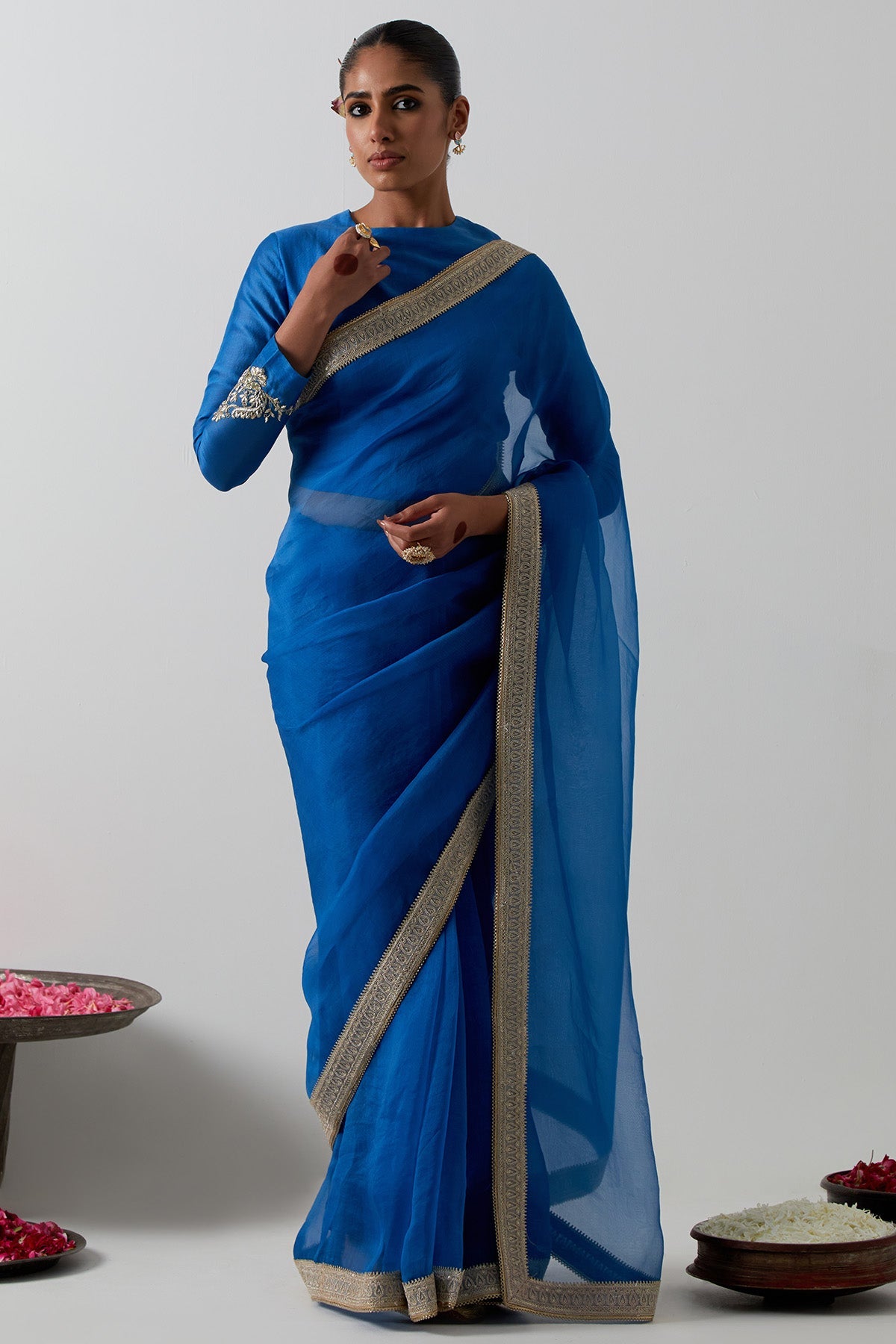 Buy Blue Chanderi & Katan Saree Set for women by Vinusto online available at scrollnshops