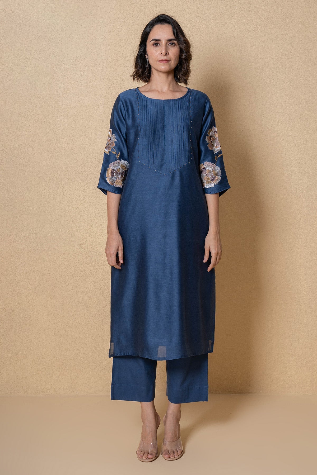 Buy Blue Chanderi Kurta And Pants for Women Online at ScrollnShops
