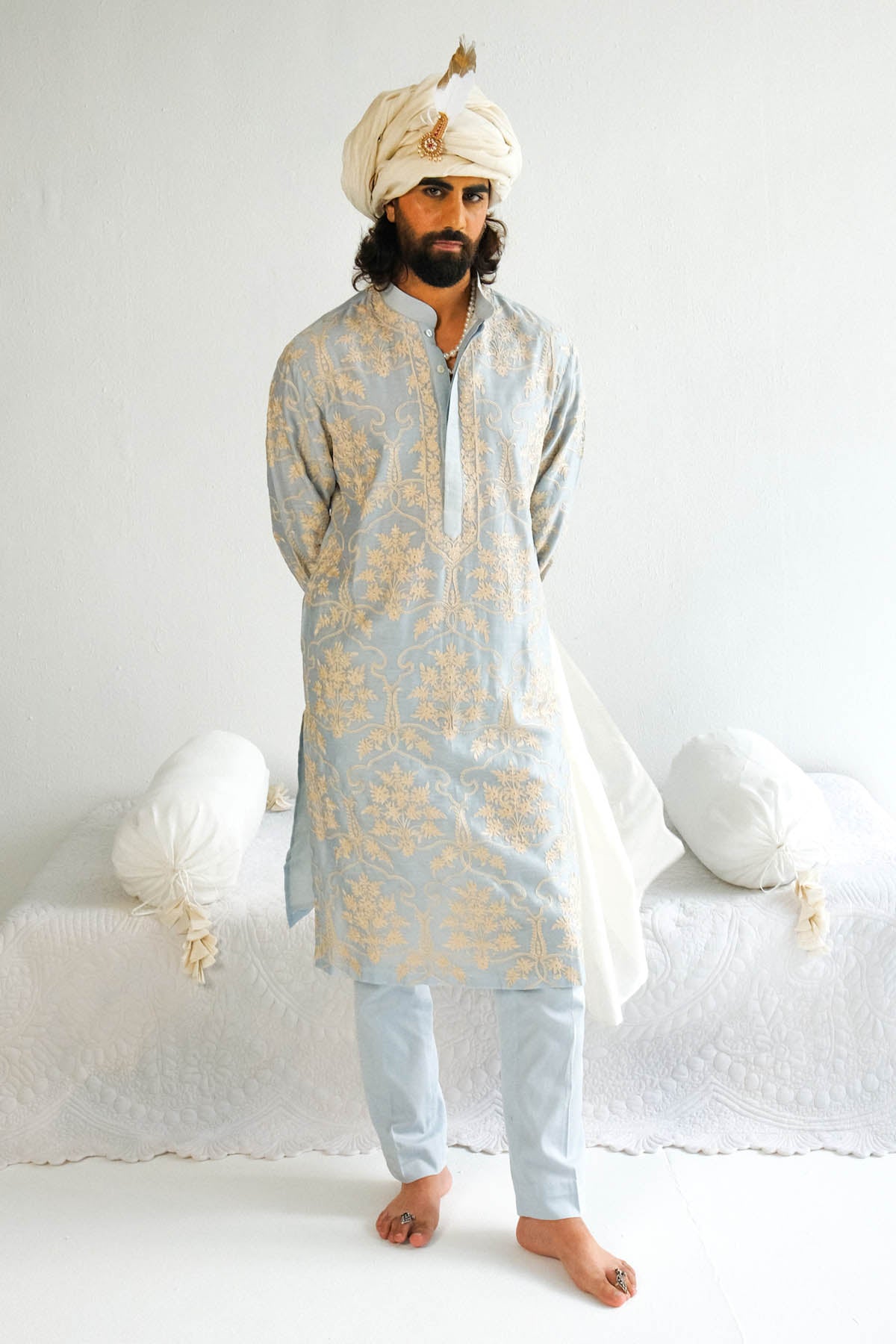 WABI SABI Blue Chanderi Kurta & Pyjama for men online at ScrollnShops