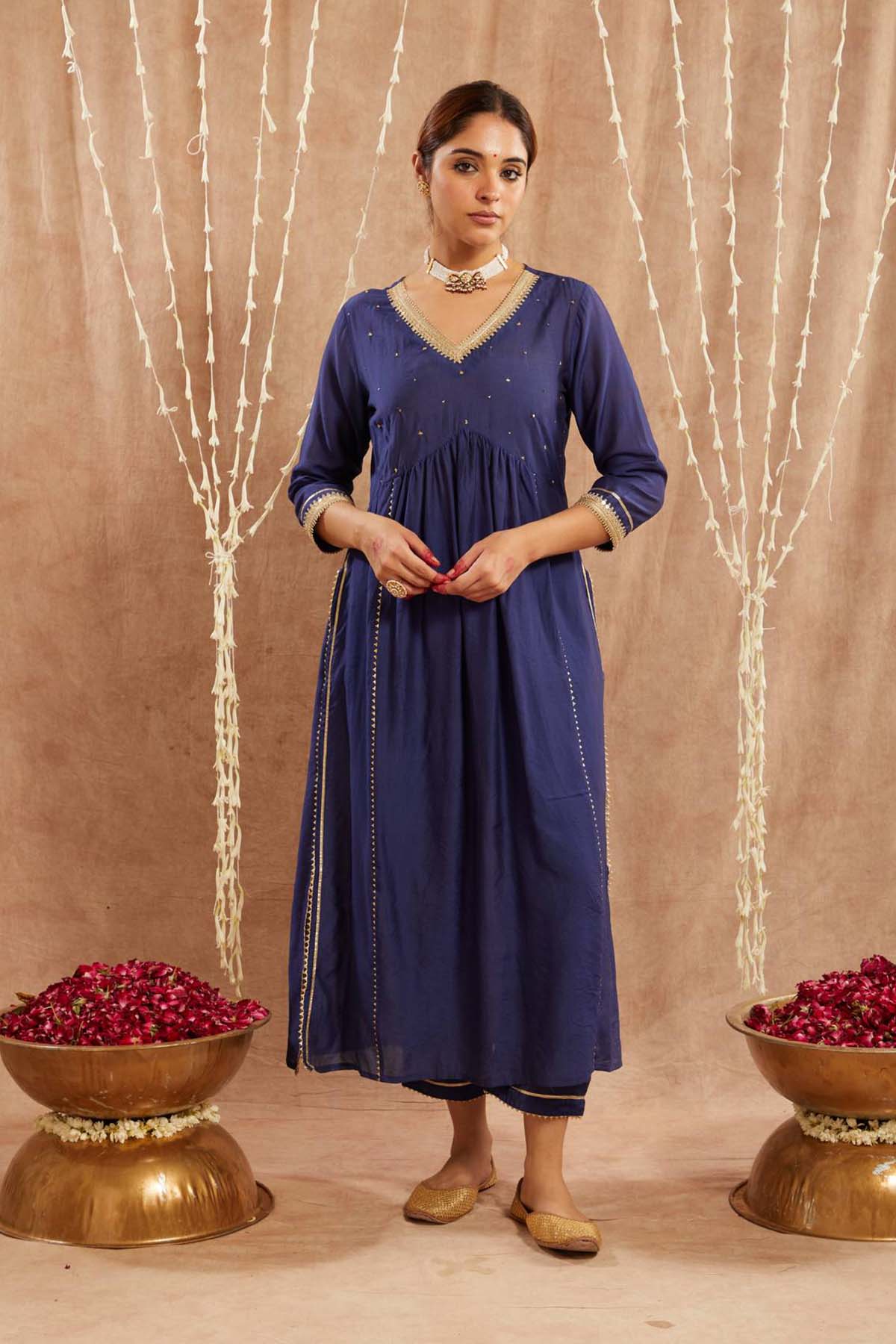 Buy Blue Chanderi Lace Kurta & Pants by Nero for women online at ScrollnShops