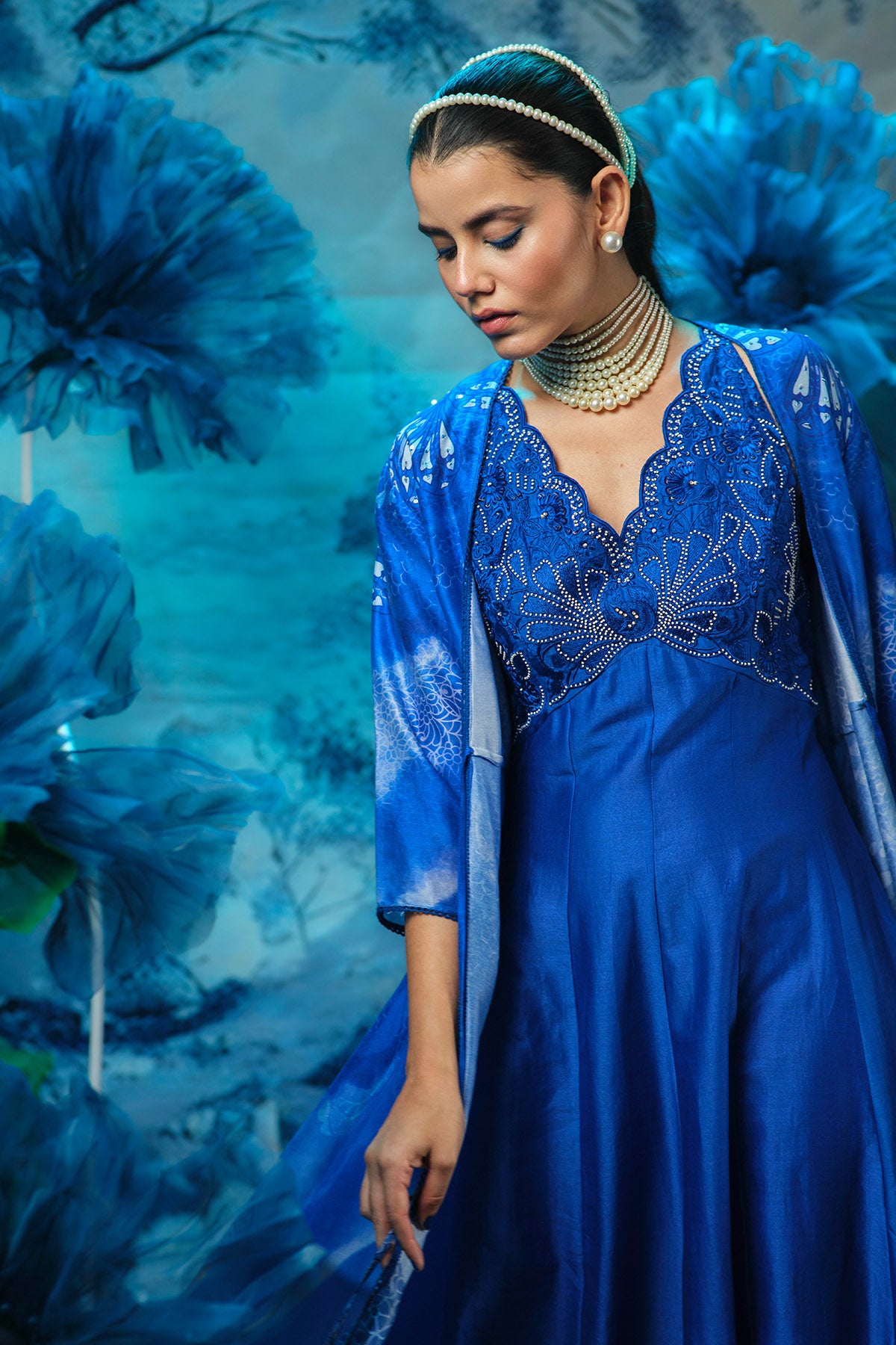 Blue Chanderi Maxi Dress & Cape