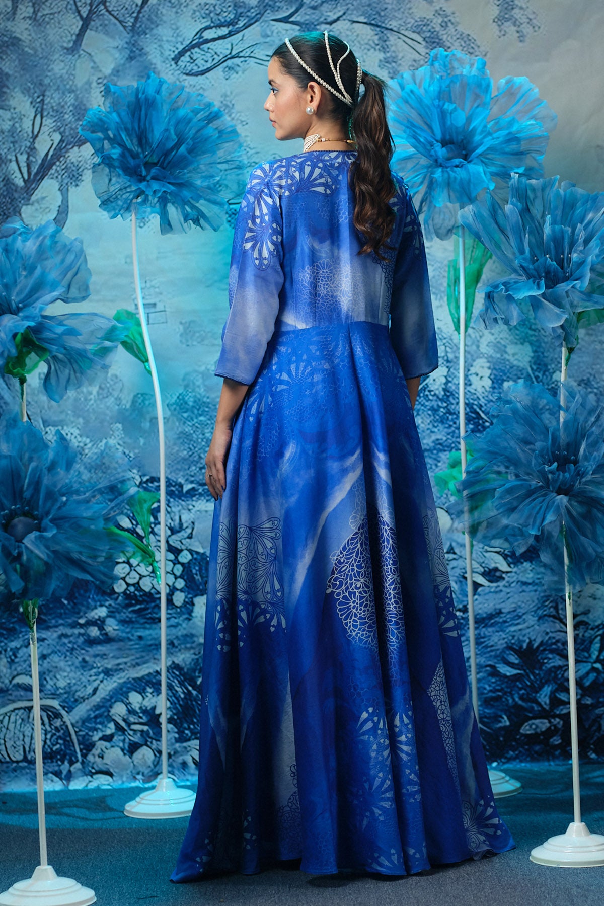 Blue Chanderi Maxi Dress & Cape
