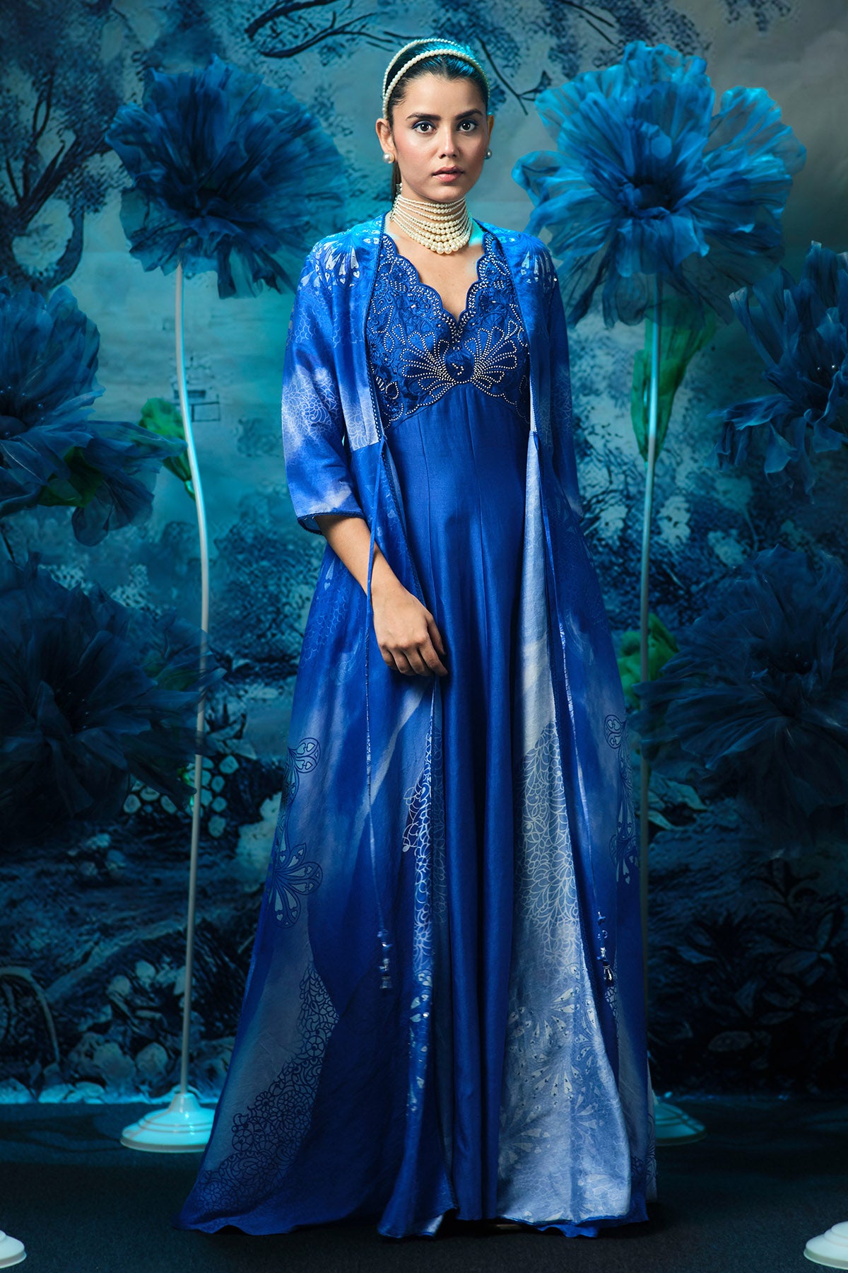 Blue Chanderi Maxi Dress & Cape