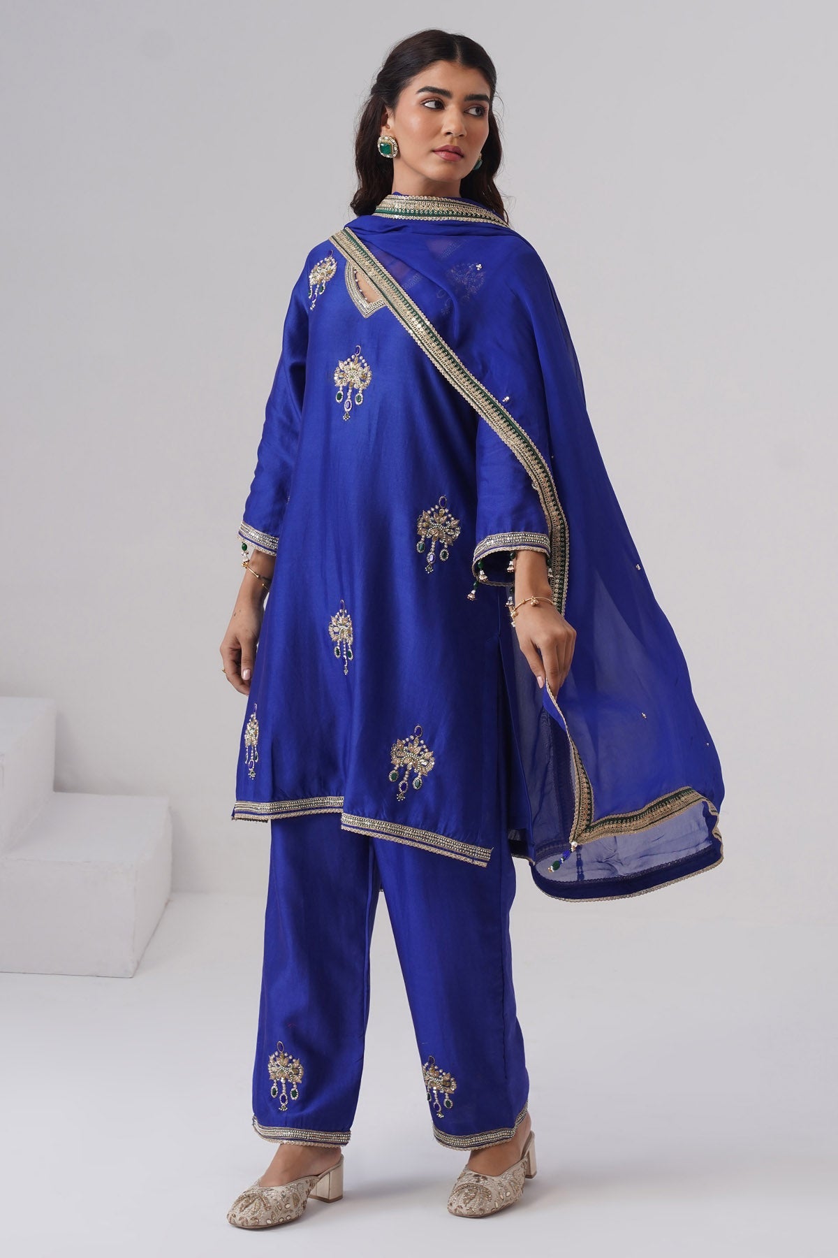 Buy Blue Chanderi Pearl Kurta Set for women by Ugna by Unnati online available at scrollnshops