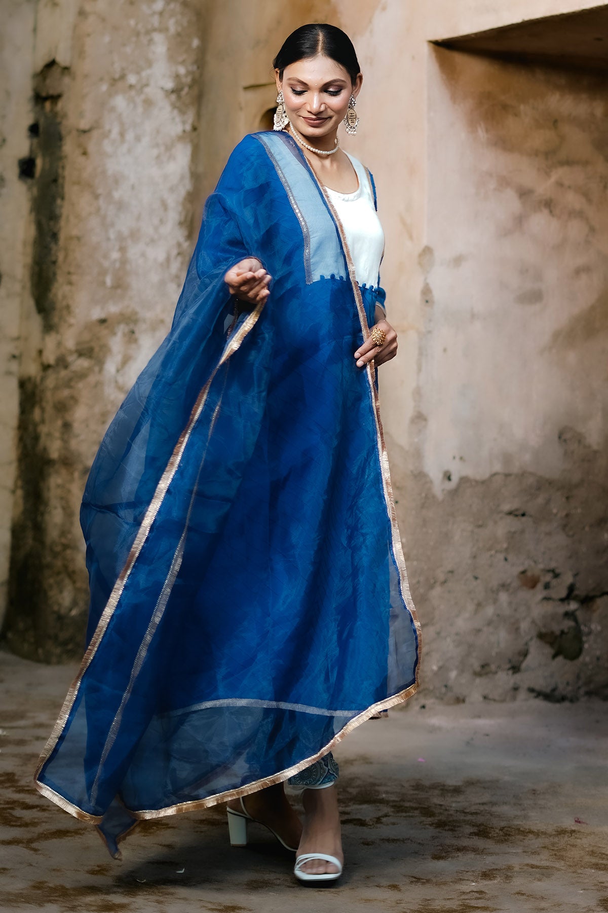 Blue Chanderi Pintuck Kurta Set